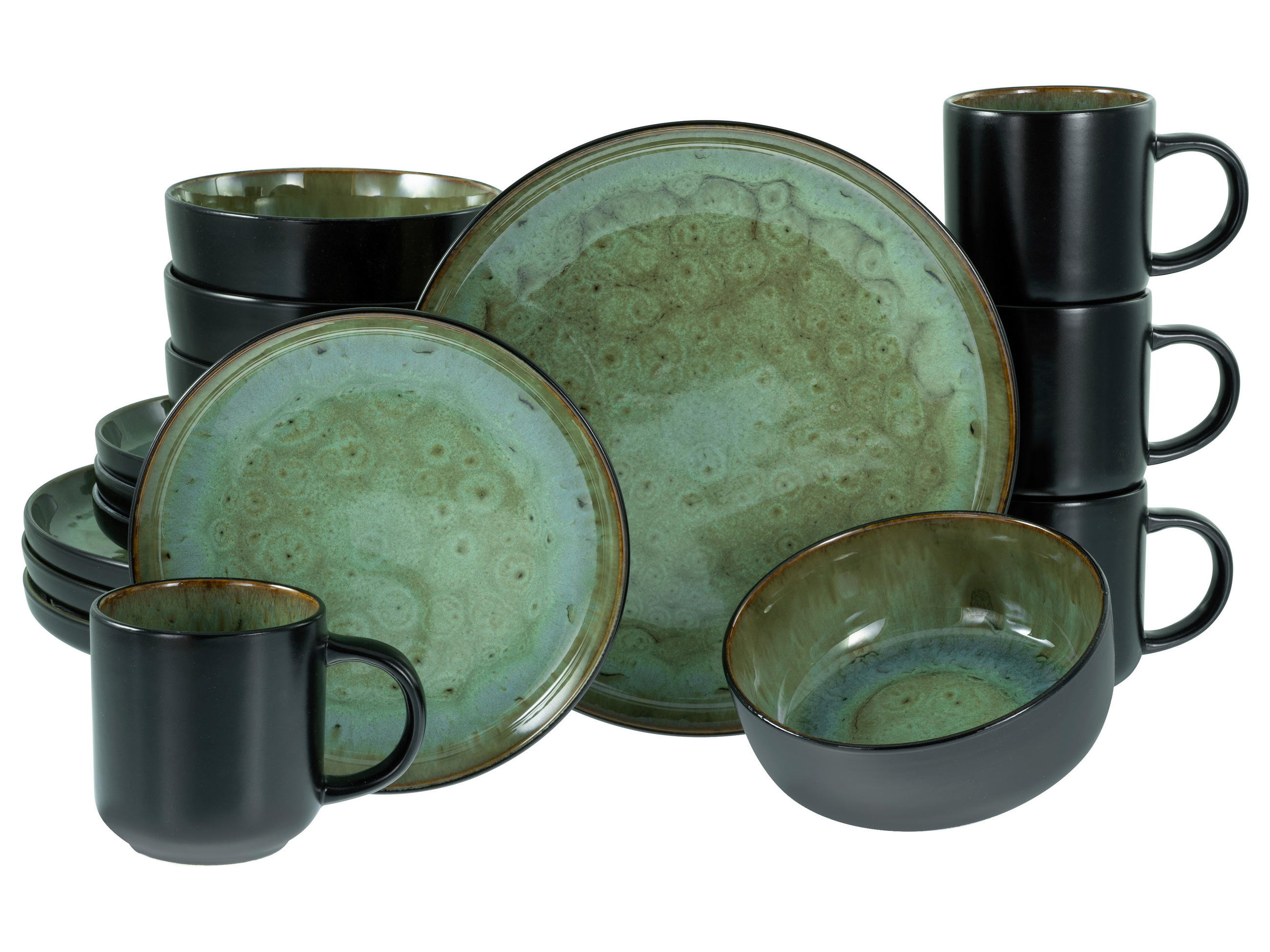 KOMPLETT SERVIS Nordic Fjord Beige 16 delar  - grön/svart, Basics, keramik - Creatable