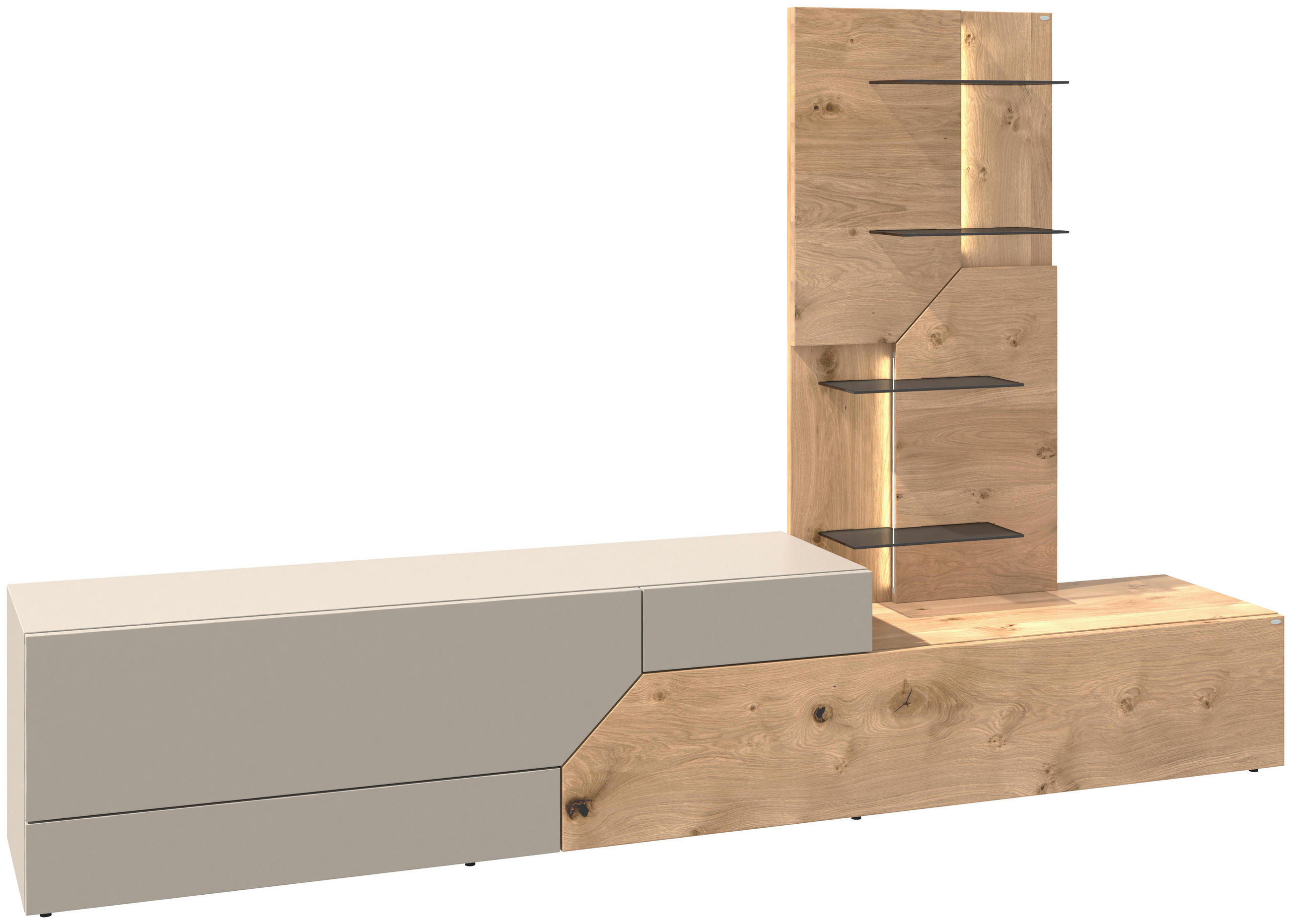 WOHNWAND 2-teilig  in Taupe, Eichefarben  256/162/44,5 cm  - Taupe/Wildeiche, Design, Glas/Holz (256/162/44,5cm) - Voglauer