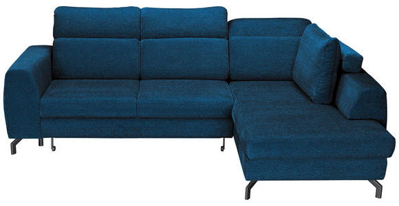 ECKSOFA Blau Chenille  inkl. Zierkissen, Bettkasten, Schlaffunktion, Rücken echt, Kopfteilverstellung, Liegefläche im Originalstoff  - Blau/Schwarz, KONVENTIONELL, Textil/Metall (266/185cm) - Carryhome