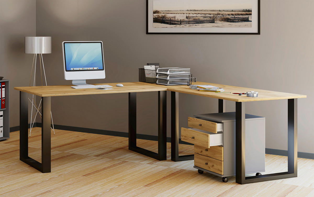 ECKSCHREIBTISCH 190/190/76 cm  in Schwarz, Honigeiche  - Honigeiche/Schwarz, Design, Holzwerkstoff/Metall (190/190/76cm) - MID.YOU