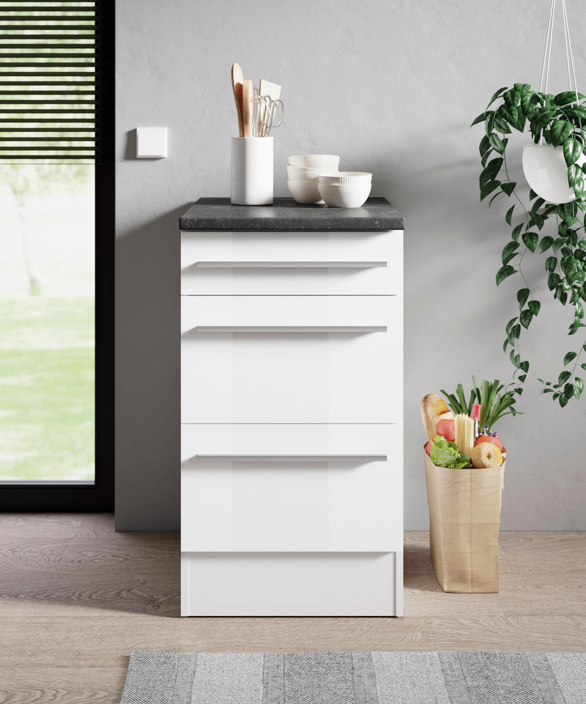 SCHUBKASTENUNTERSCHRANK 50/90/60 cm  in Weiß, Weiß Hochglanz  - Weiß Hochglanz/Silberfarben, Design, Holzwerkstoff/Kunststoff (50/90/60cm) - P & B