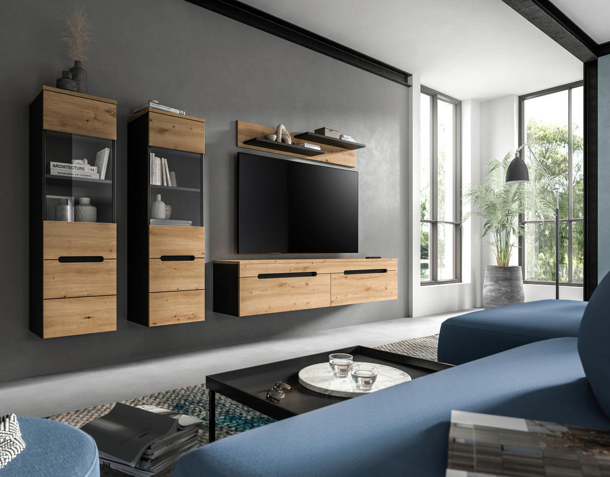 WOHNWAND 3-teilig  in Eiche Artisan  272/141/33 cm  - Schwarz/Eiche Artisan, Design, Holzwerkstoff/Kunststoff (272/141/33cm) - Livetastic