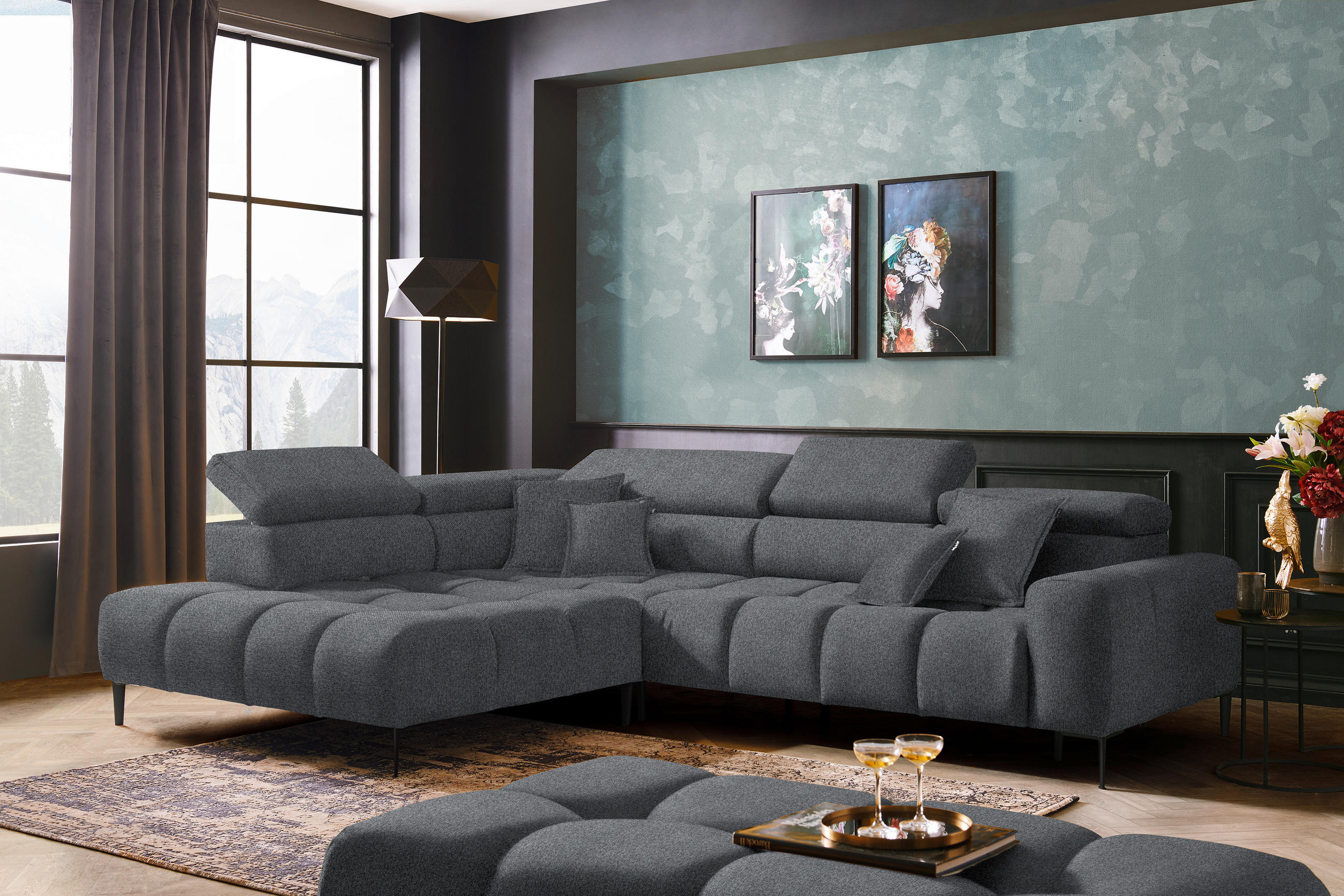 ECKSOFA Dunkelgrau Webstoff  - Dunkelgrau/Schwarz, Design, Textil/Metall (216/300cm) - Welnova