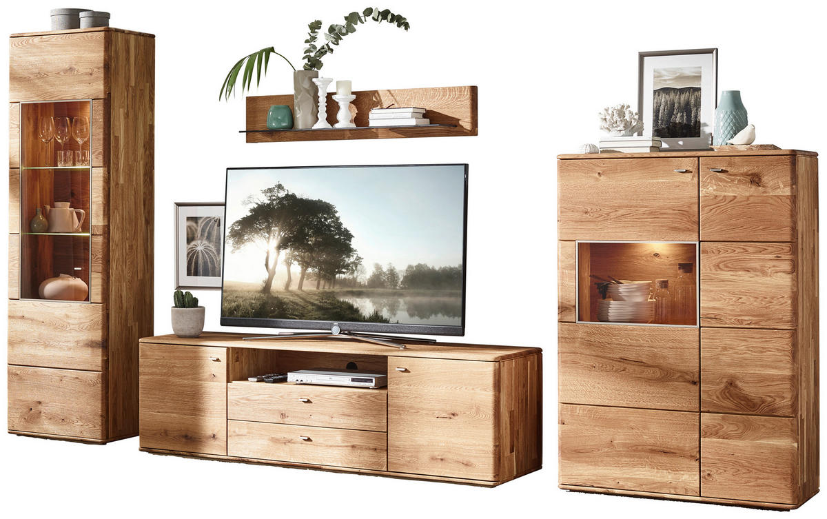 WOHNWAND Denver  in Eichefarben  350/201/48 cm  - Eichefarben/Silberfarben, KONVENTIONELL, Glas/Holz (350/201/48cm) - Linea Natura