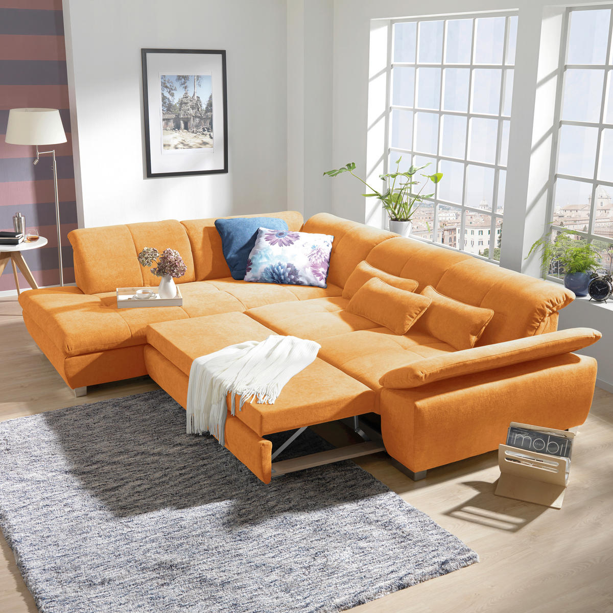 SEDEŽNA GARNITURA, šenilja oranžna  - barve kroma/oranžna, Design, tekstil (313/242cm) - Xora