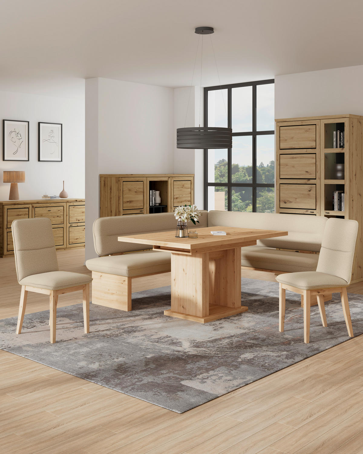 ECKBANK 192/170 cm Webstoff Beige Eiche Sperrholz   - Eichefarben/Beige, KONVENTIONELL, Holz/Textil (192/170cm) - Livetastic