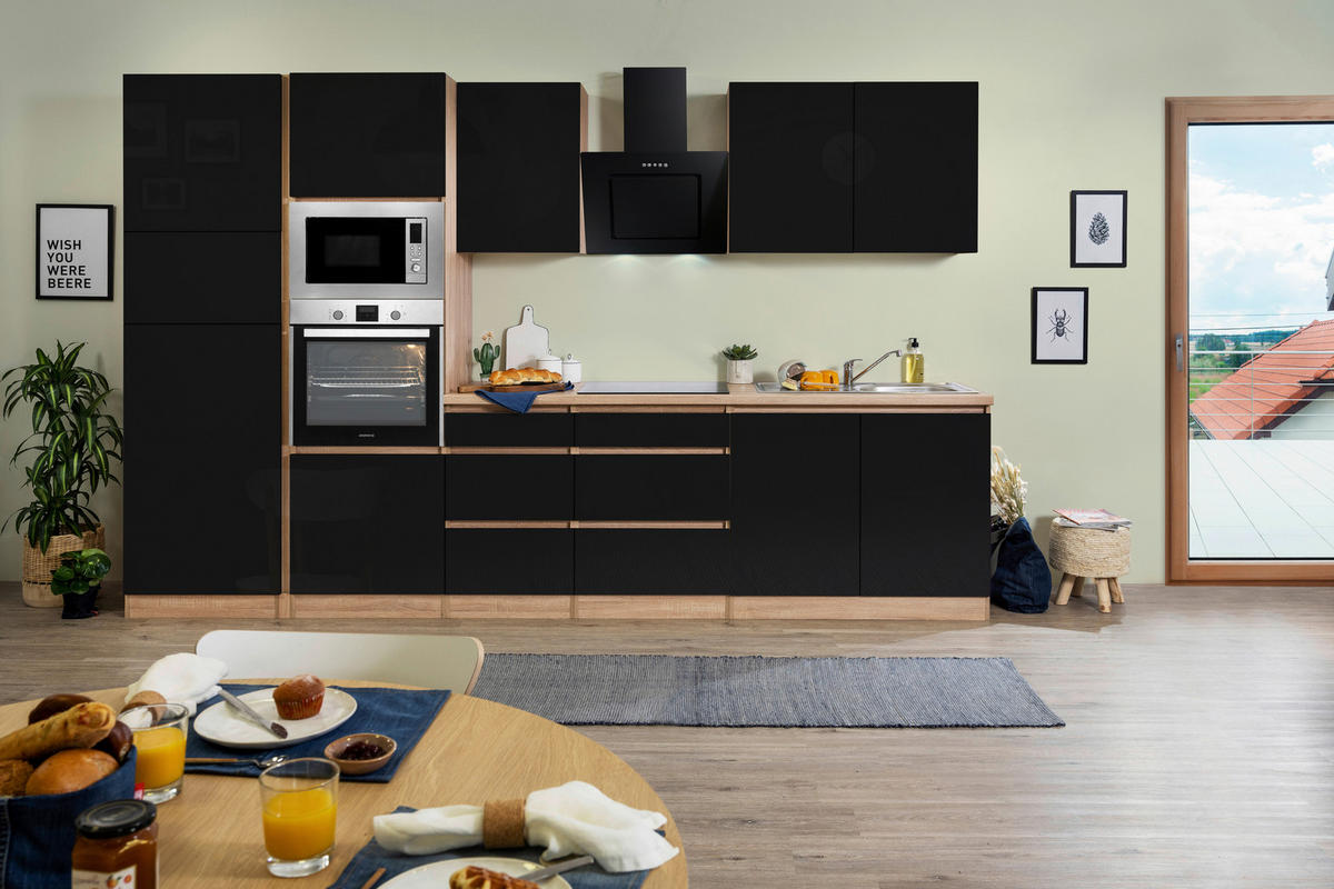 KÜCHENBLOCK 335 cm   in Schwarz Hochglanz  - Schwarz Hochglanz/Eichefarben, Basics, Holzwerkstoff (335cm) - Respekta