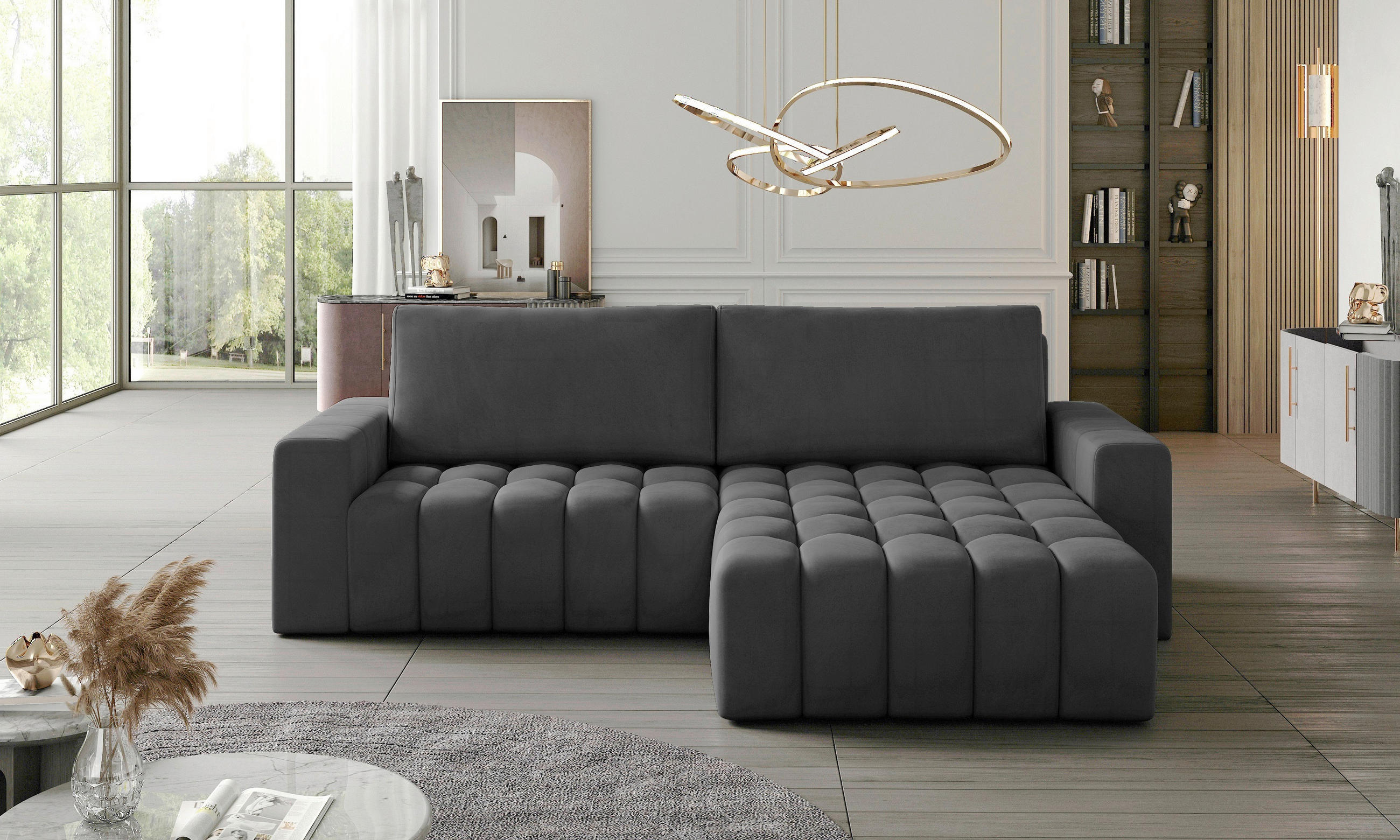 ECKSOFA in Samt Anthrazit  - Anthrazit/Schwarz, Design, Kunststoff/Textil (250/175cm) - MID.YOU