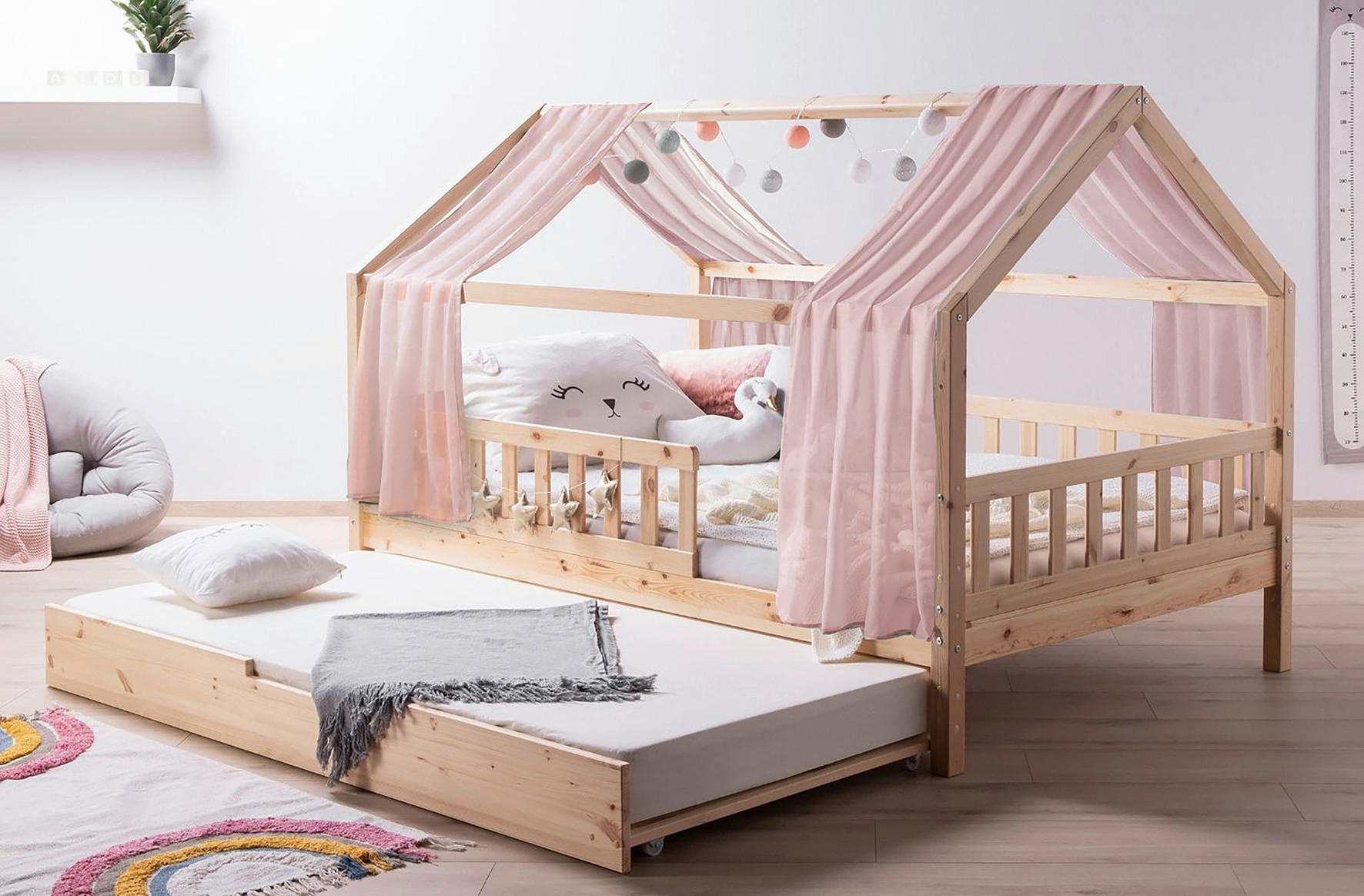 HAUSBETT 90/200 cm,  in Naturfarben, Altrosa  - Altrosa/Naturfarben, MODERN, Holz/Textil (90/200cm) - MID.YOU