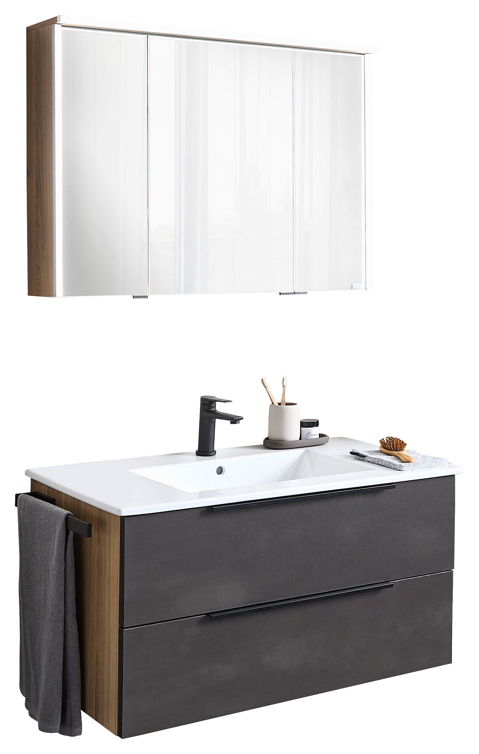 BADEZIMMER 3-teilig  in 92 cm  - Eichefarben/Schwarz, KONVENTIONELL, Glas/Keramik (92cm) - Dieter Knoll