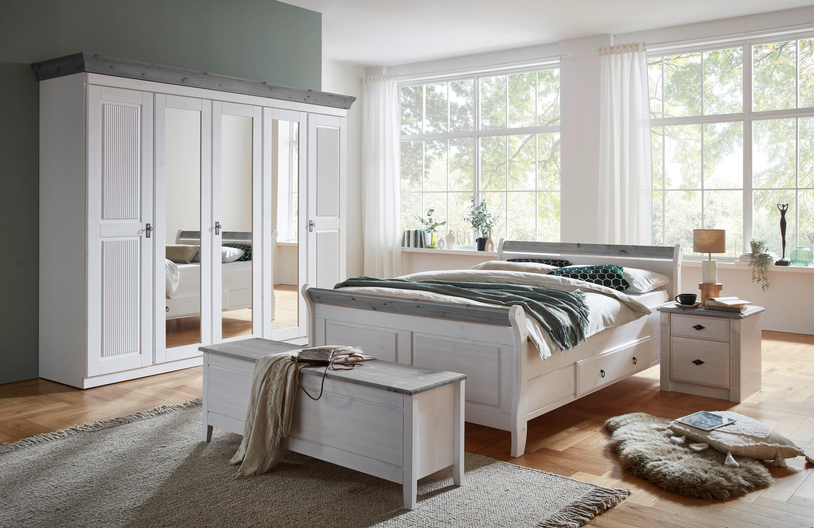 DREHTÜRENSCHRANK 253/210/64 cm 5-türig Grau, Weiß  - Weiß/Grau, ROMANTIK / LANDHAUS, Glas/Holz (253/210/64cm) - Boxxx