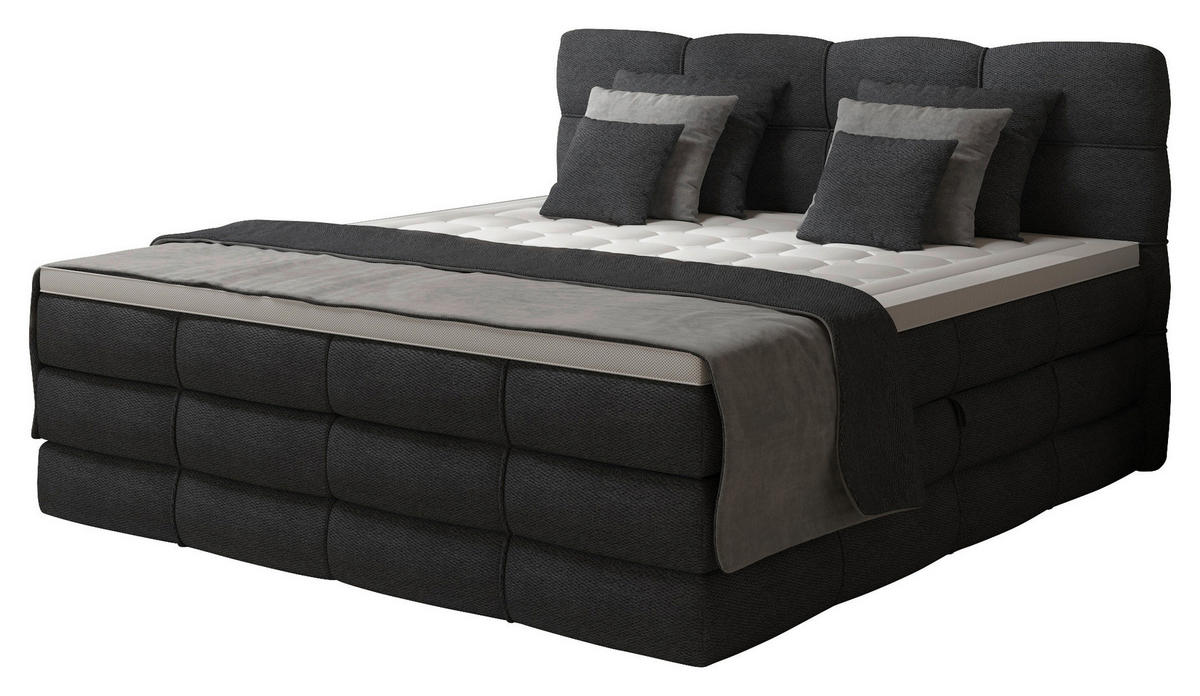 BOXSPRINGBETT 180/200 cm,  in Dunkelgrau, gepolstertes Kopfteil, Bettkasten, Topper, Matratzen, H3 + H3 = fest  - Dunkelgrau/Schwarz, Design, Kunststoff/Textil (180/200cm) - Chameo
