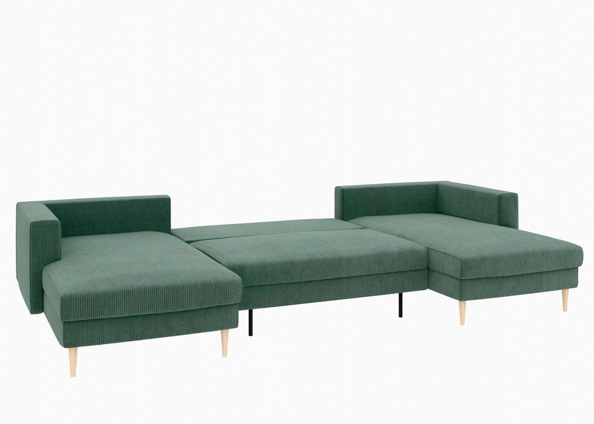 WOHNLANDSCHAFT Dunkelgrün Cord  - Dunkelgrün/Buchefarben, MODERN, Holz/Textil (161/306/161cm) - Trendmanufaktur