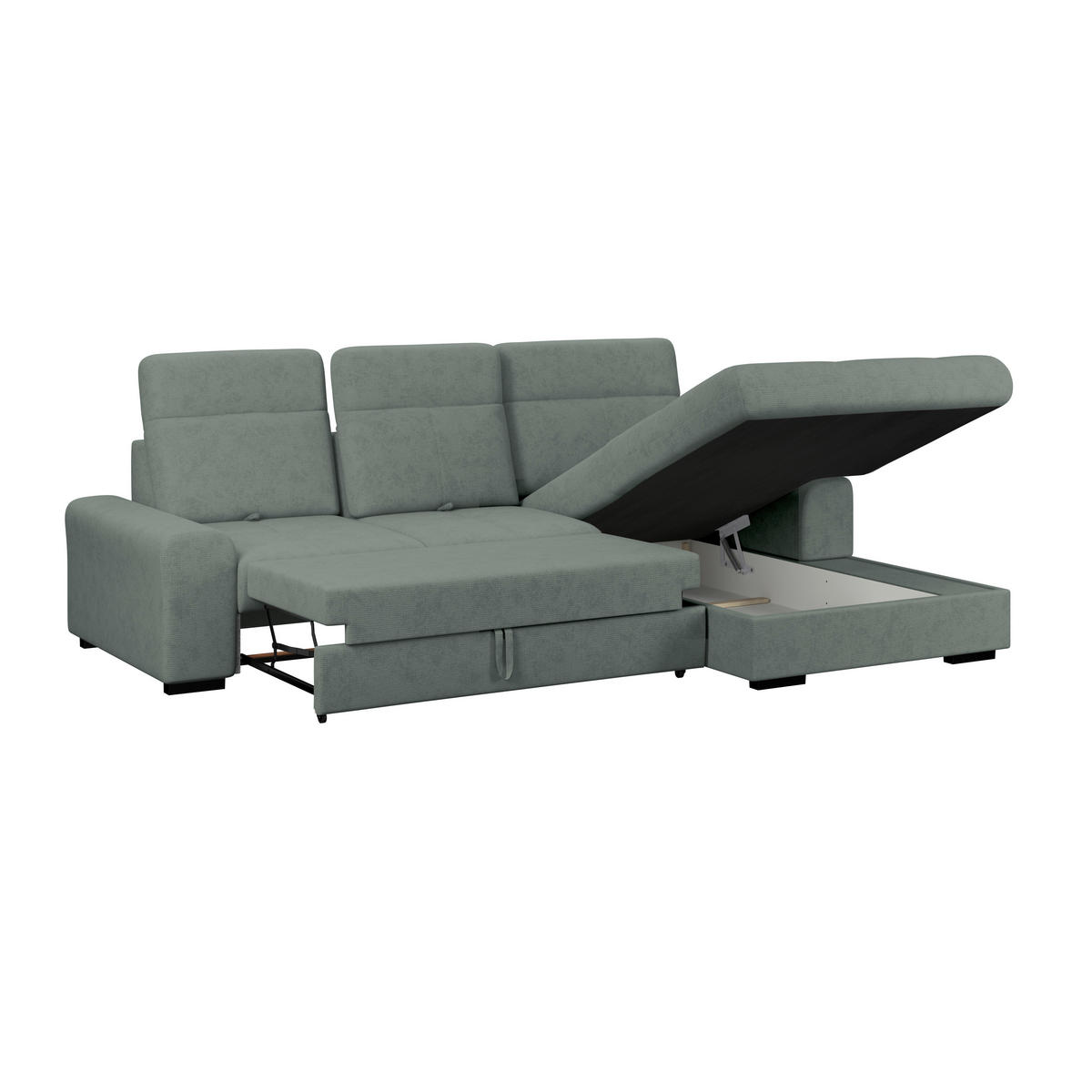 ECKSOFA Grün Chenille Rücken echt, Kopfteilverstellung  - Schwarz/Grün, KONVENTIONELL, Holz/Textil (286/203cm) - MID.YOU