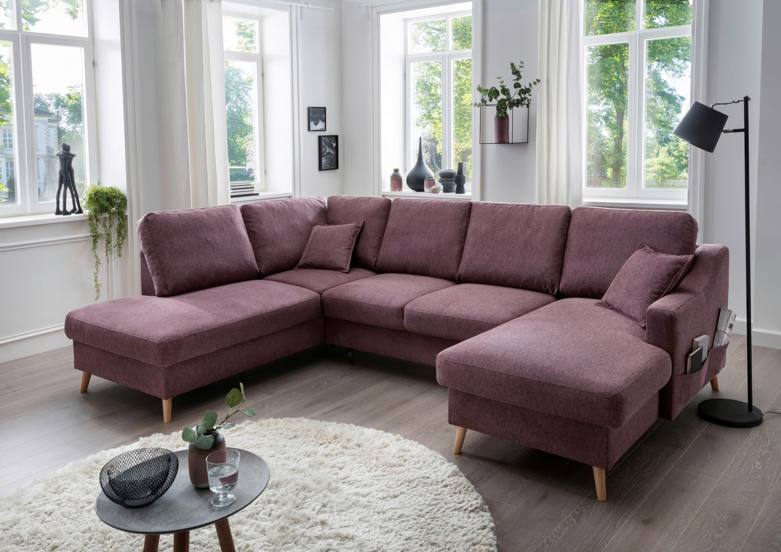 WOHNLANDSCHAFT Bordeaux Struktur - Bordeaux/Naturfarben, KONVENTIONELL, Holz/Textil (200/301/150cm) - P & B