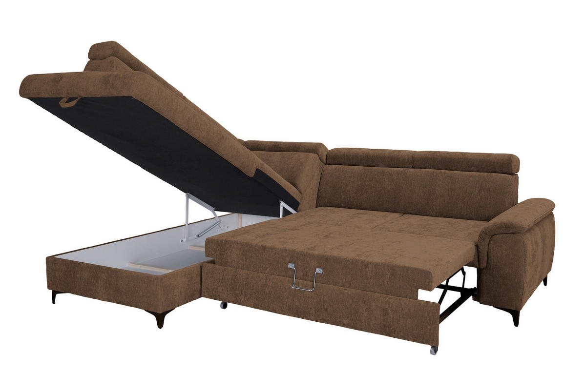 ECKSOFA Braun Chenille Bettkasten, Schlaffunktion, Rücken echt, Kopfteilverstellung, Liegefläche im Originalstoff  - Schwarz/Braun, KONVENTIONELL, Textil/Metall (206/265cm) - Carryhome