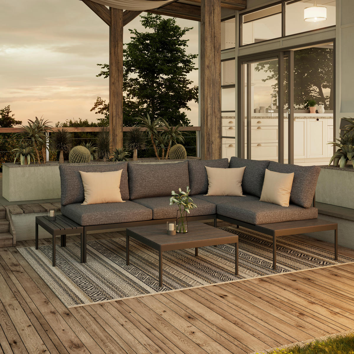 LOUNGEGARNITUR 227,5/155 cm Stahl  - Dunkelgrau/Naturfarben, Design, Kunststoff/Textil (227,5/155cm) - Ambia Garden