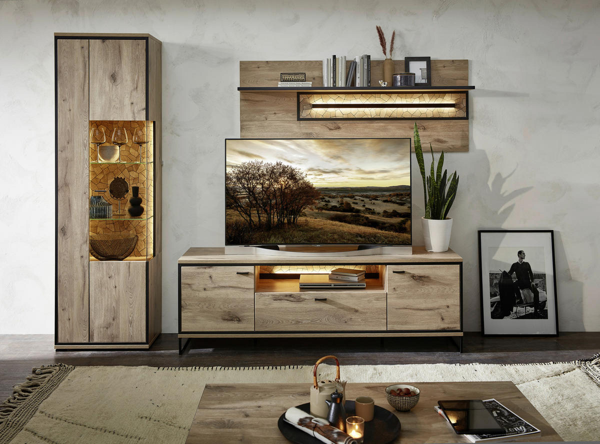 WOHNWAND  in Schwarz, Eichefarben 270/205/49 cm  - Eichefarben/Schwarz, Konventionell, Glas/Holzwerkstoff (270/205/49cm) - Livetastic