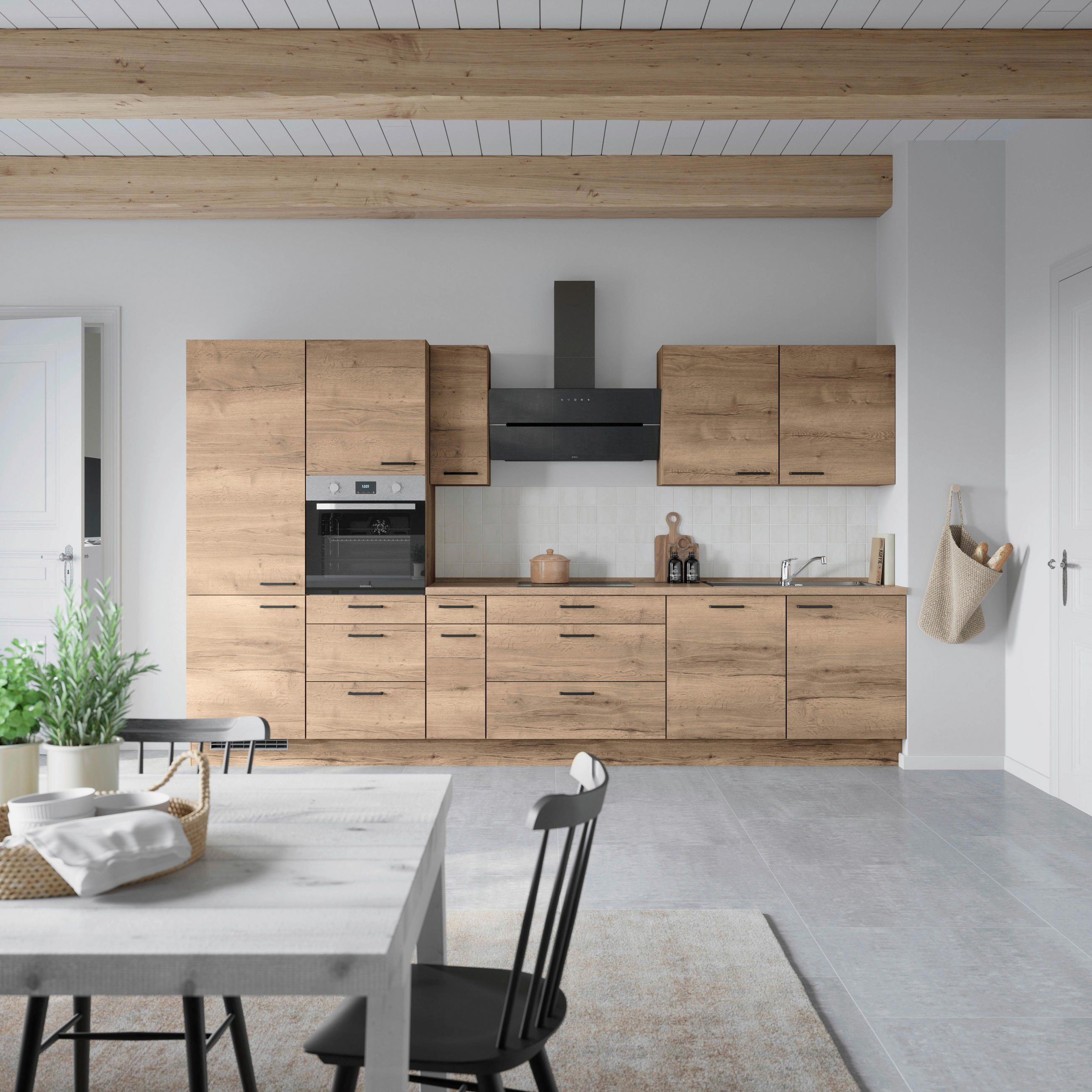 BUCĂTĂRIE FĂRĂ ELECTROCASNICE  - stejar închis la culoare/negru, Modern, metal/material pe bază de lemn (360cm) - Nobilia