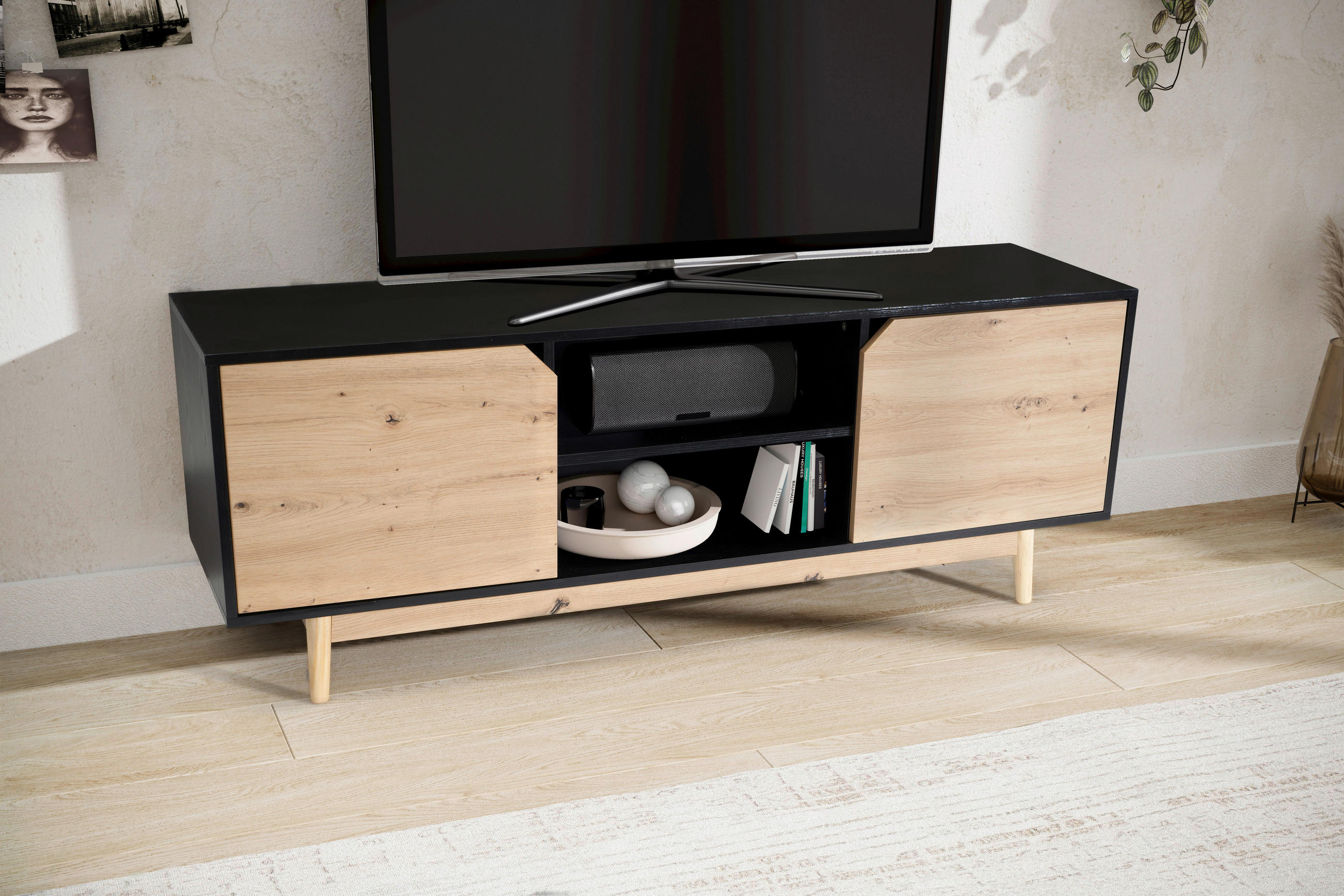 LOWBOARD  in 150/55/40 cm  - Eichefarben/Schwarz, Design, Holz/Holzwerkstoff (150/55/40cm) - Livetastic