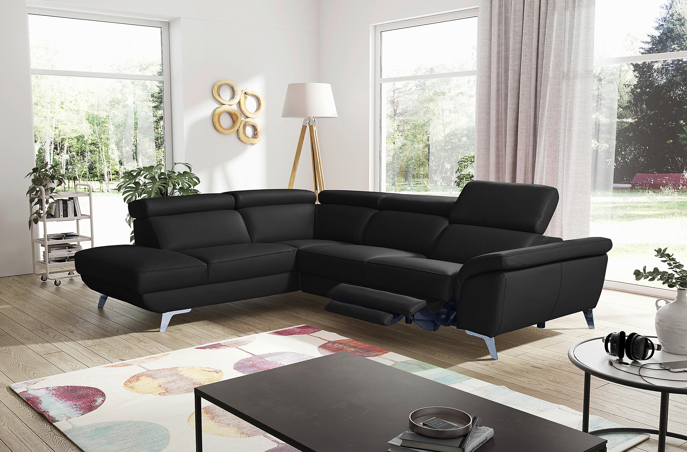ECKSOFA  in Echtleder Schwarz  228/283 cm  - Silberfarben/Schwarz, Design, Leder/Metall (228/283cm) - Livetastic