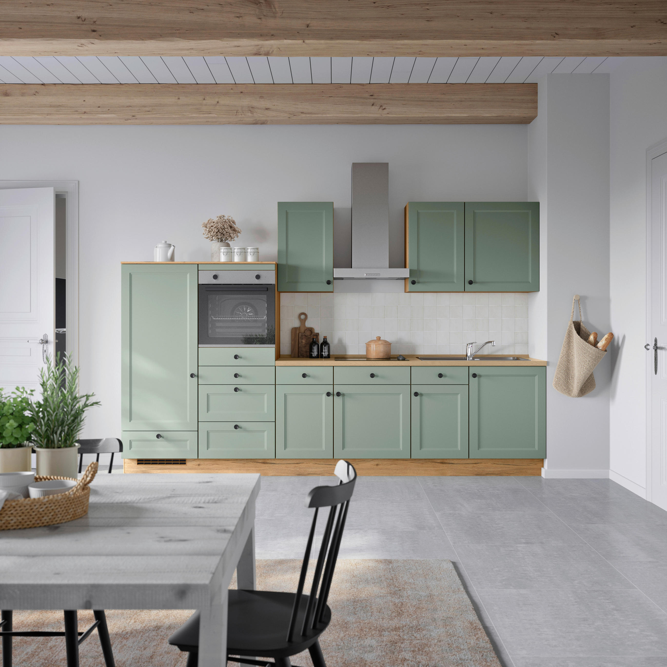 BUCĂTĂRIE FĂRĂ ELECTROCASNICE  - verde/culoare lemn stejar, Modern, metal/material pe bază de lemn (330cm) - Nobilia