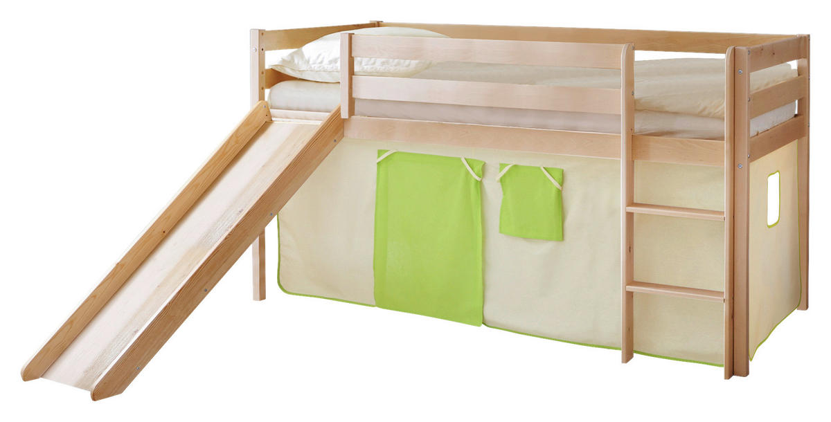 SPIELBETT Absturzsicherung, Leiter, Rutsche, Vorhang 90/200 cm  in Grün, Kieferfarben, Beige  - Beige/Kieferfarben, Natur, Holz (90/200cm) - MID.YOU