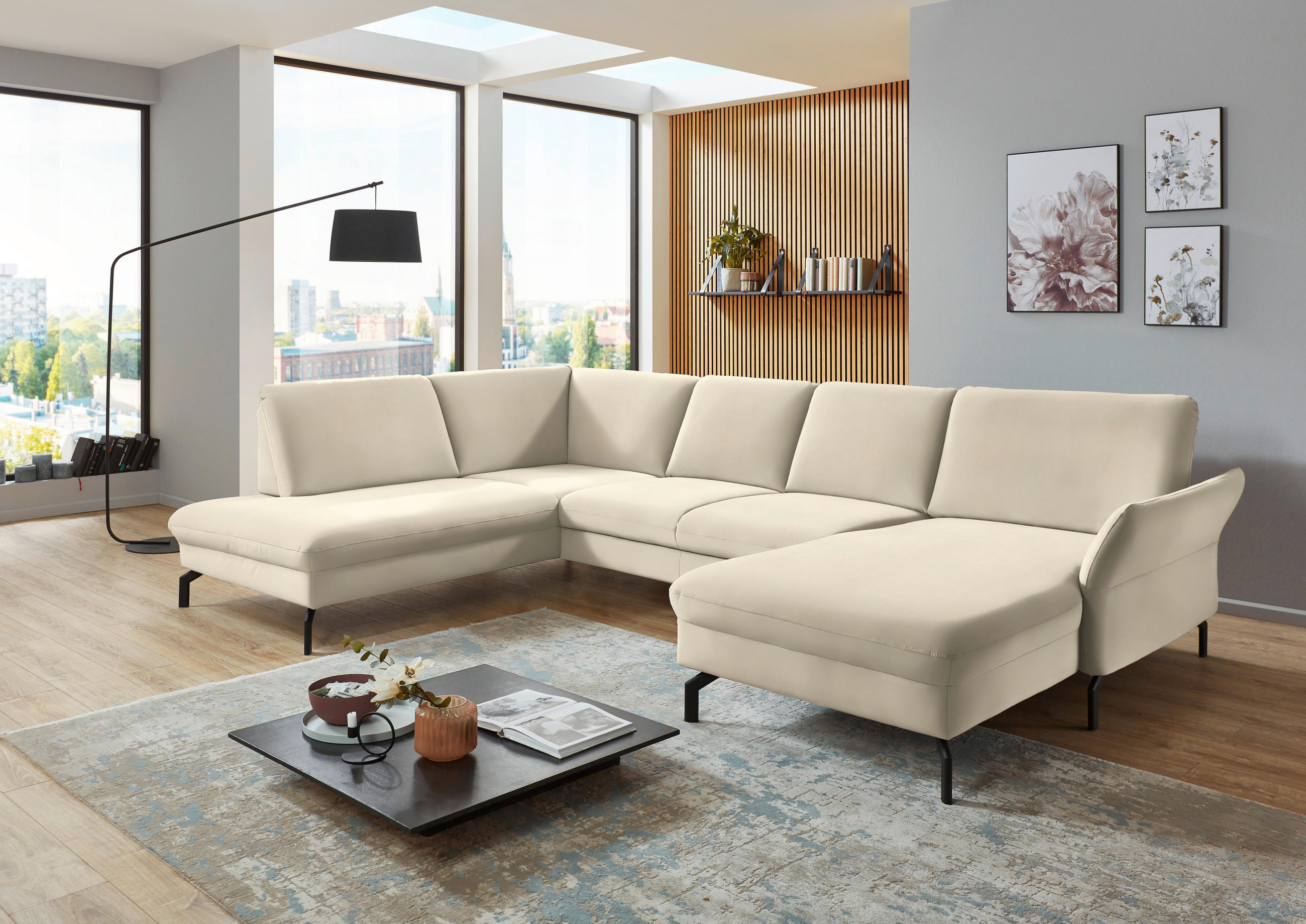 WOHNLANDSCHAFT in Velours Creme, Naturfarben  - Creme/Schwarz, Design, Textil/Metall (220/335/179cm) - Beldomo System