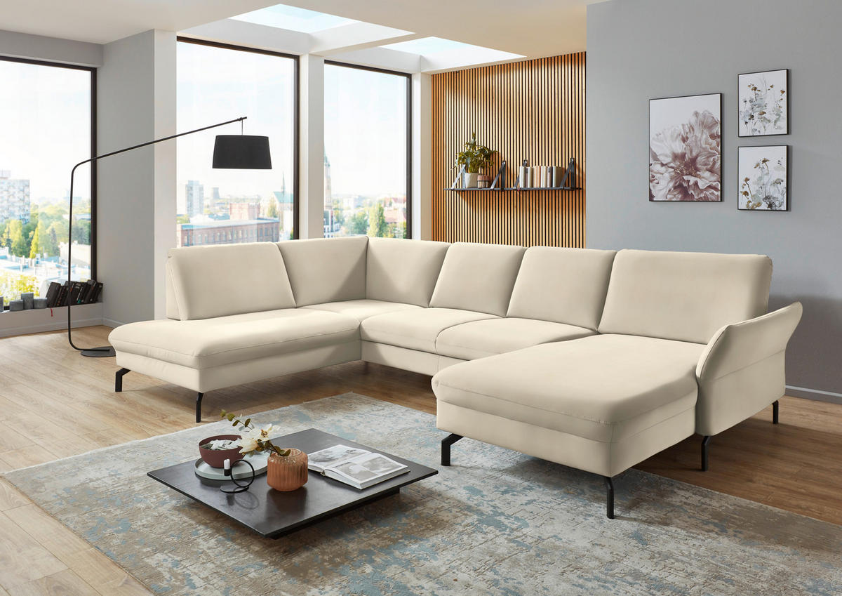 WOHNLANDSCHAFT in Velours Creme, Naturfarben  - Creme/Schwarz, Design, Textil/Metall (220/335/179cm) - Beldomo System