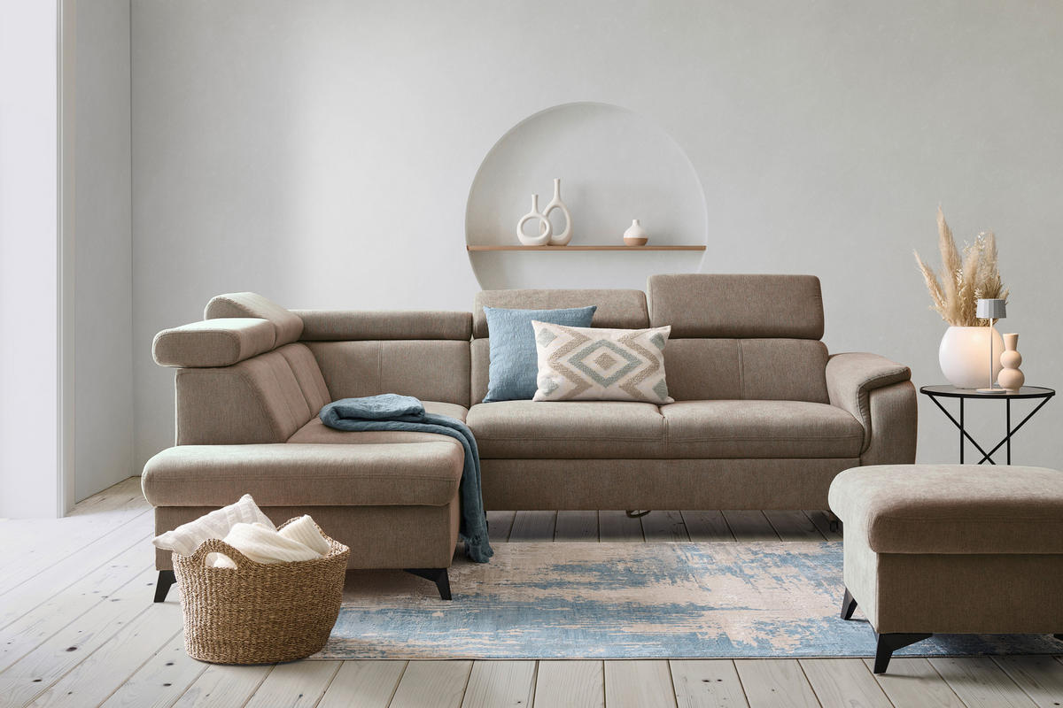 ECKSOFA in Chenille Braun, Schlammfarben  - Schlammfarben/Schwarz, Design, Textil/Metall (203/260cm) - Stylife