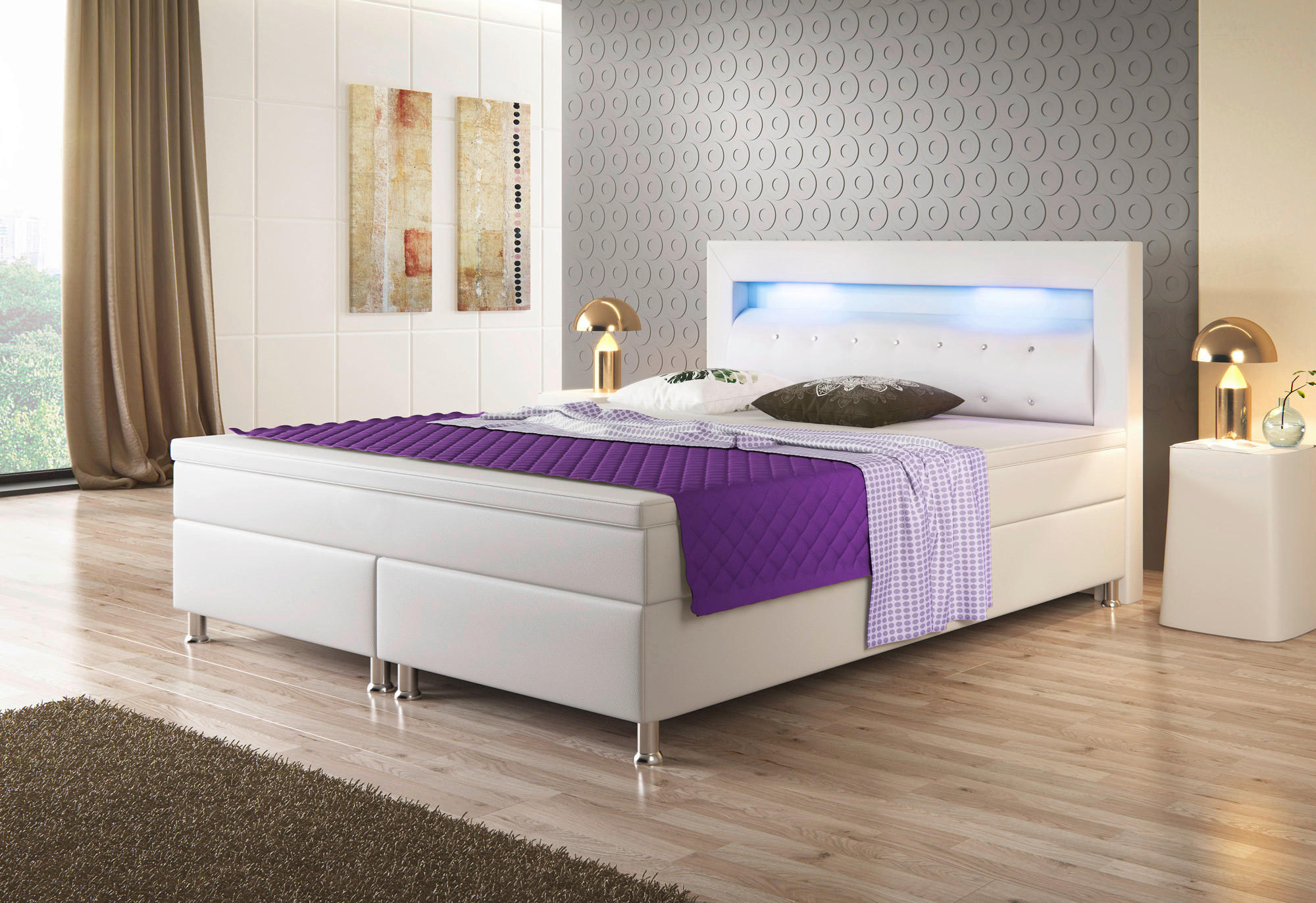 Boxspringbett mit Topper &  in Weiß  - Silberfarben/Weiß, KONVENTIONELL, Leder/Textil (180/115/210cm) - MID.YOU