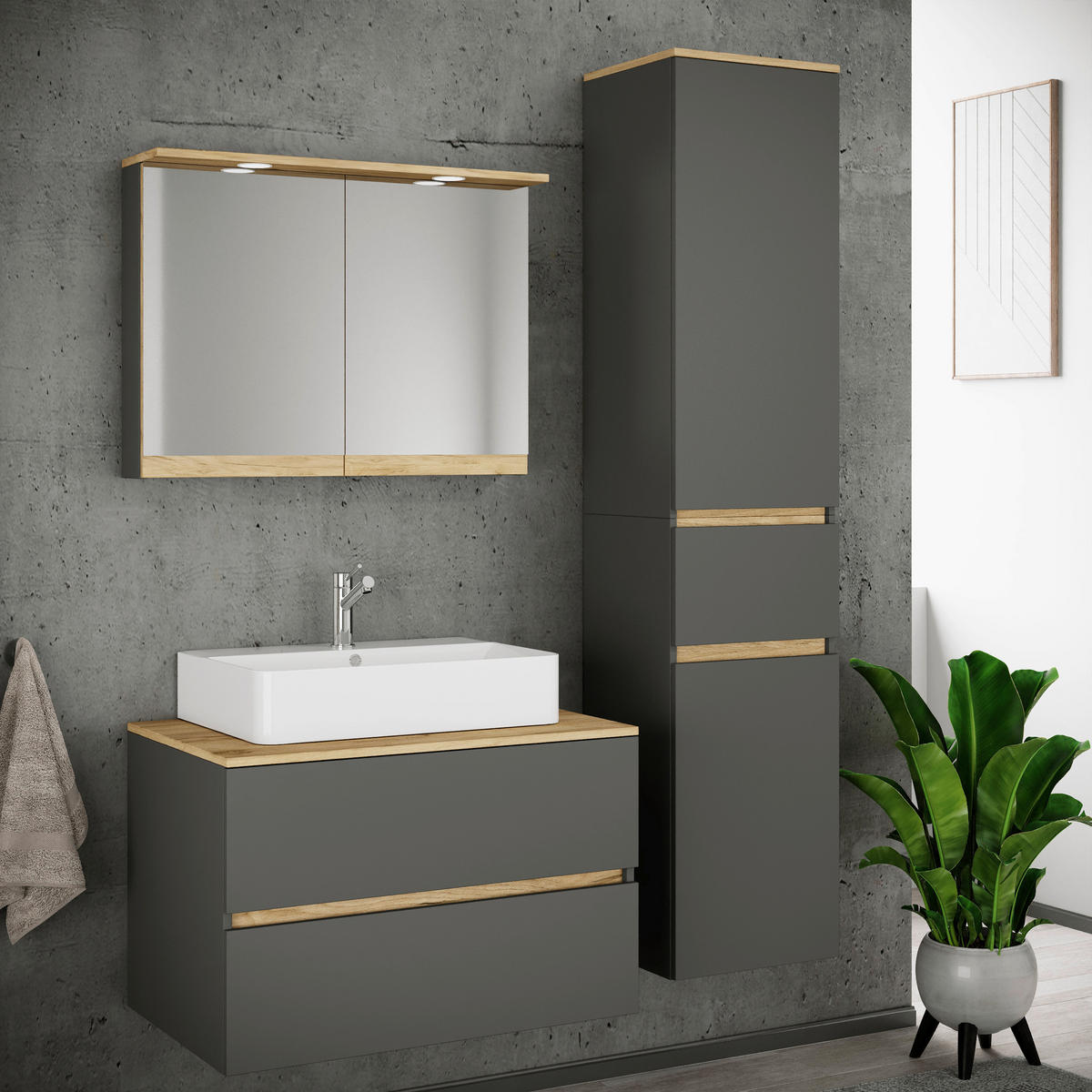 BADEZIMMER 4-teilig  in 120 cm  - Honigeiche/Anthrazit, Trend, Keramik/Holzwerkstoff (120cm) - MID.YOU