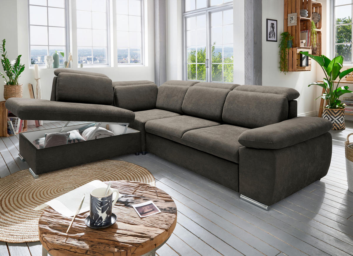 ECKSOFA in Mikrofaser Dunkelbraun  - Chromfarben/Dunkelbraun, Design, Textil/Metall (228/283cm) - Livetastic