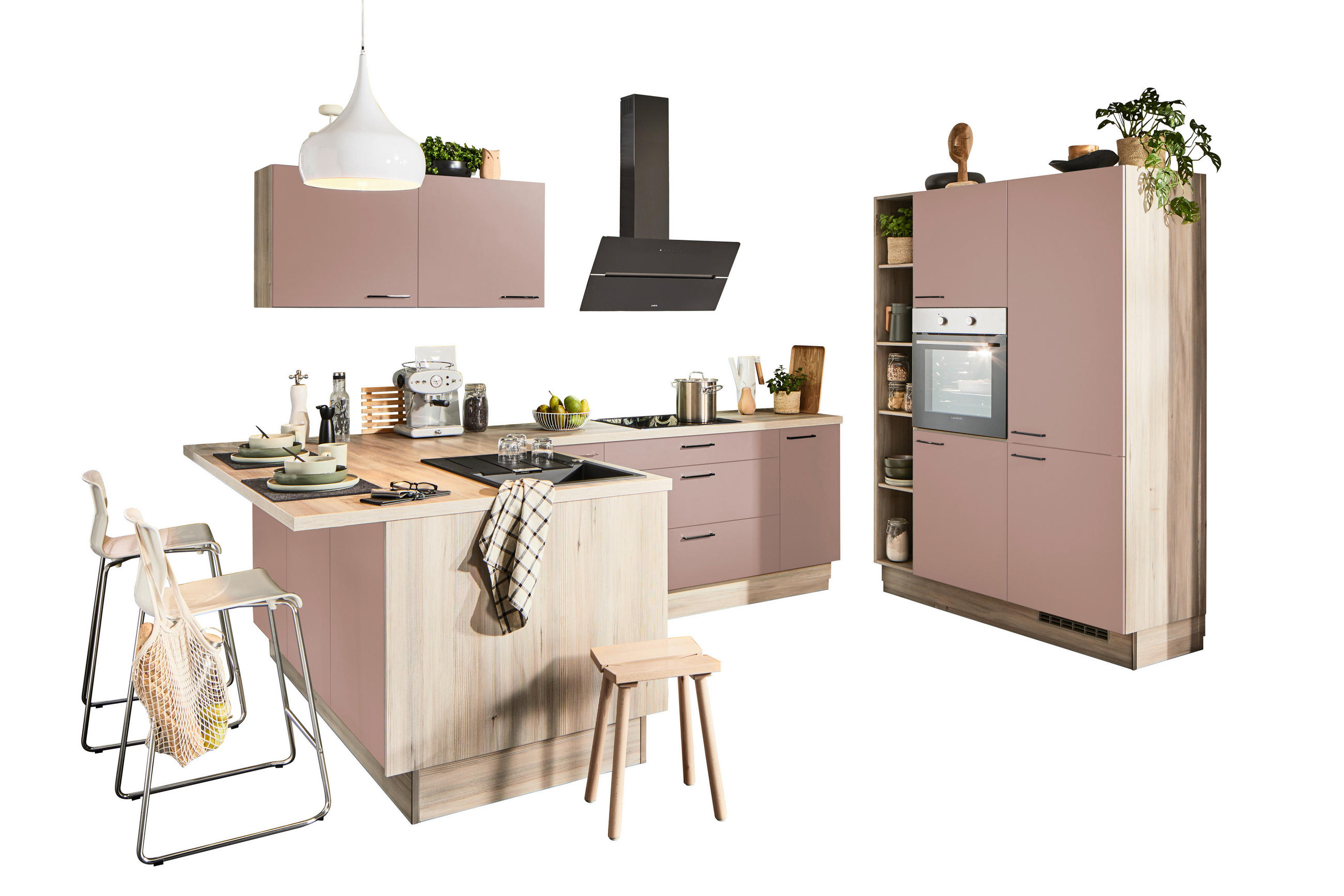 ECKKÜCHE XO 15  in Rosa, Tannenholzfarben  - Tannenholzfarben/Schwarz, Design, Holzwerkstoff/Metall (121,6/280/150cm) - Xora