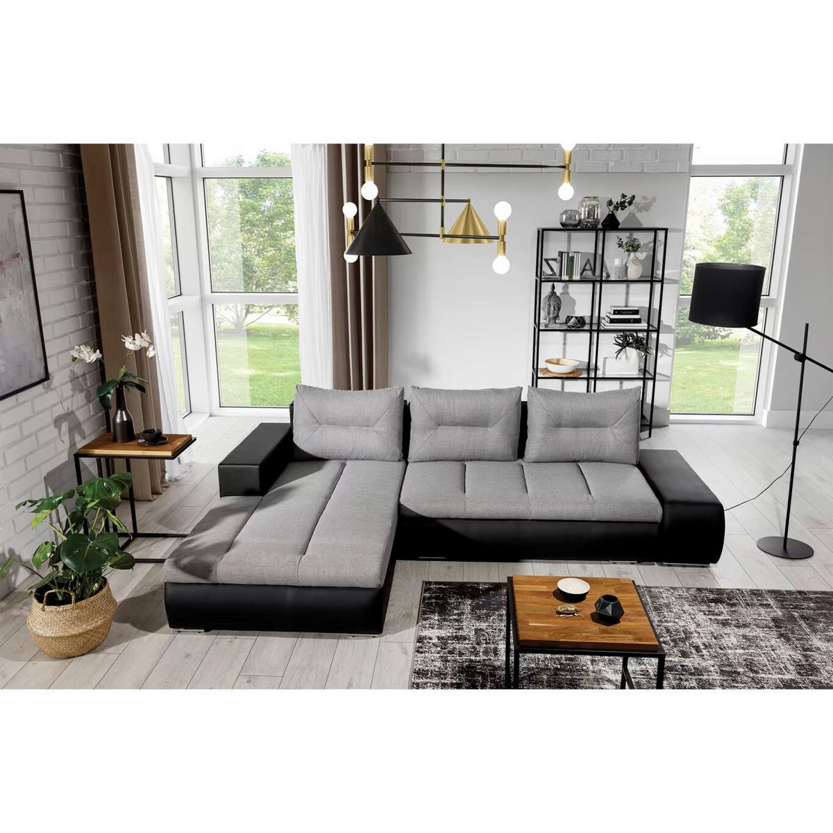 ECKSOFA  Schwarz, Hellgrau Webstoff  - Chromfarben/Hellgrau, Design, Textil/Metall (180/275cm) - MID.YOU