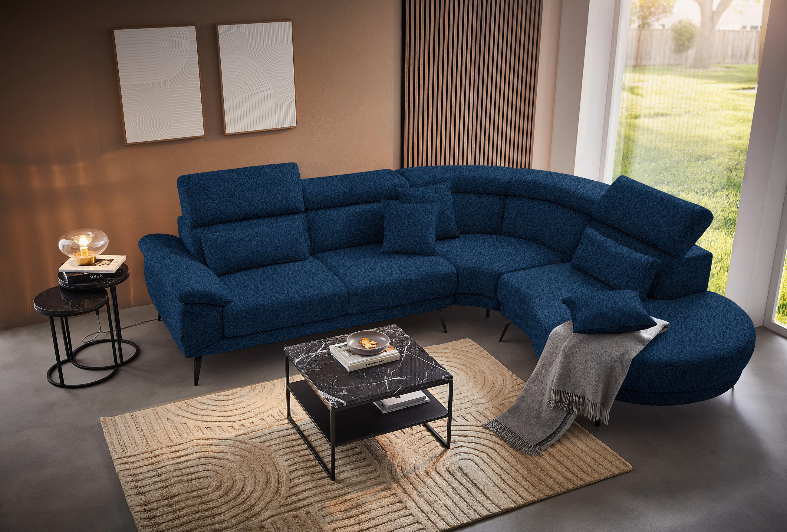 ECKSOFA in Velours Dunkelblau  299/264 cm  - Schwarz/Dunkelblau, Design, Textil/Metall (299/264cm) - Novel