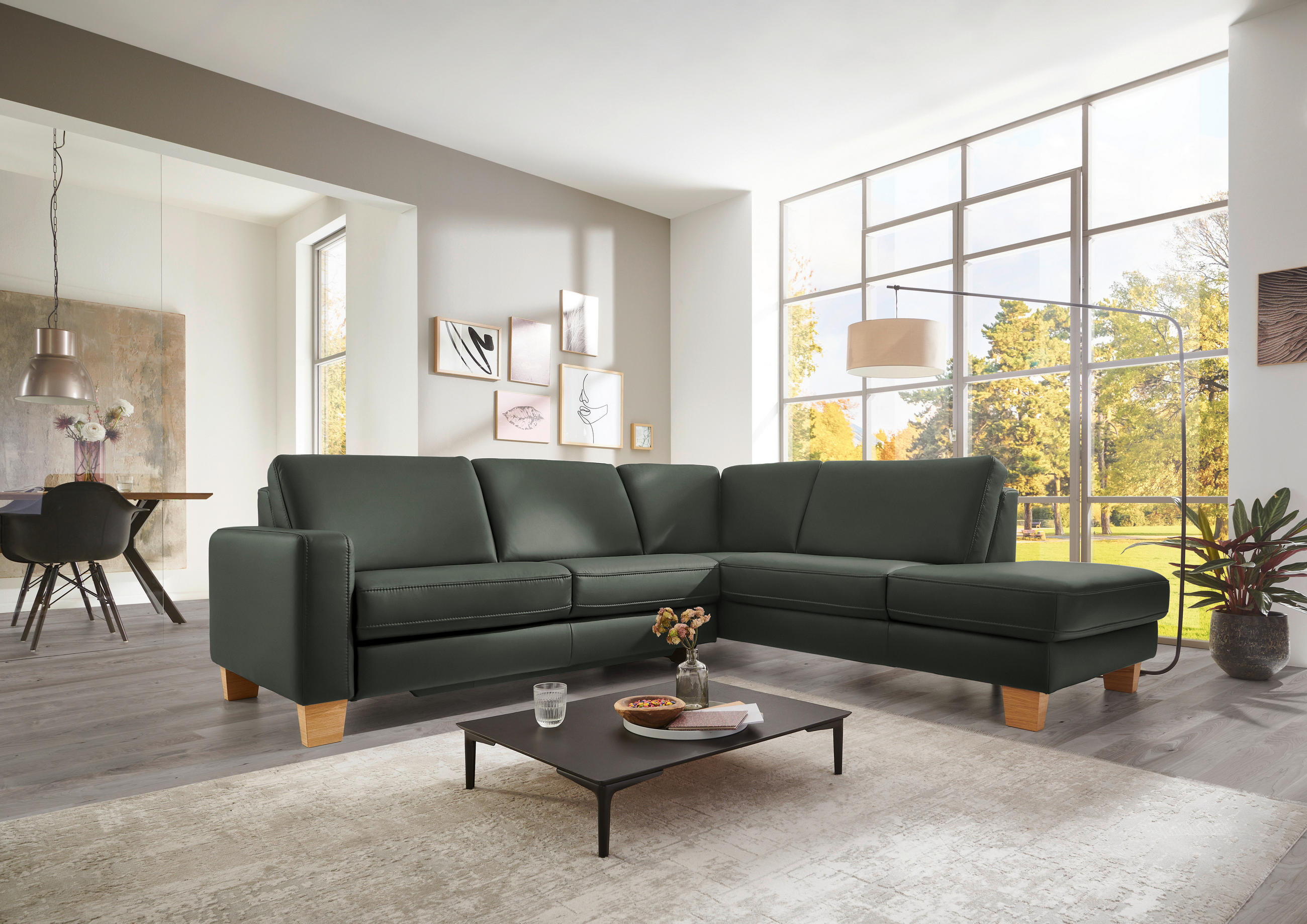 ECKSOFA in Echtleder Dunkelgrün  - Eiche Bianco/Dunkelgrün, Natur, Leder/Holz (257/235cm) - Valdera