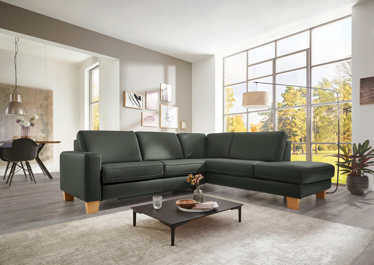 ECKSOFA in Echtleder Dunkelgrün  - Eiche Bianco/Dunkelgrün, Natur, Leder/Holz (257/235cm) - Valdera