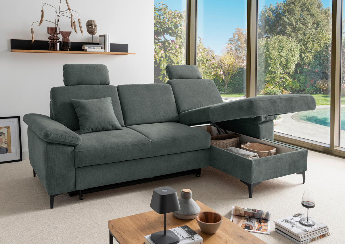 ECKSOFA Chenille Dunkelgrün  - Dunkelgrün/Schwarz, Konventionell, Textil/Metall (245/151cm) - Livetastic