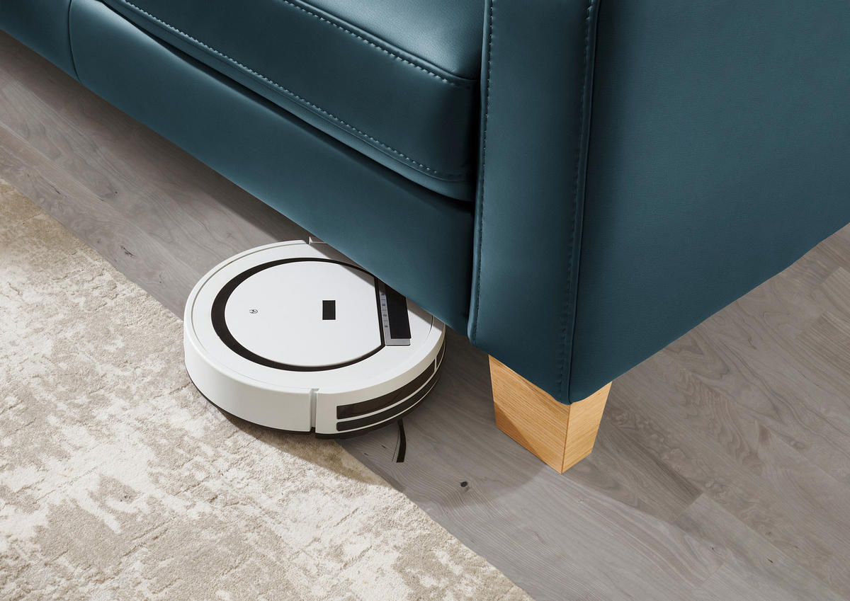 ECKSOFA in Echtleder Blau  - Blau/Eiche Bianco, Konventionell, Leder/Holz (235/257cm) - Valdera