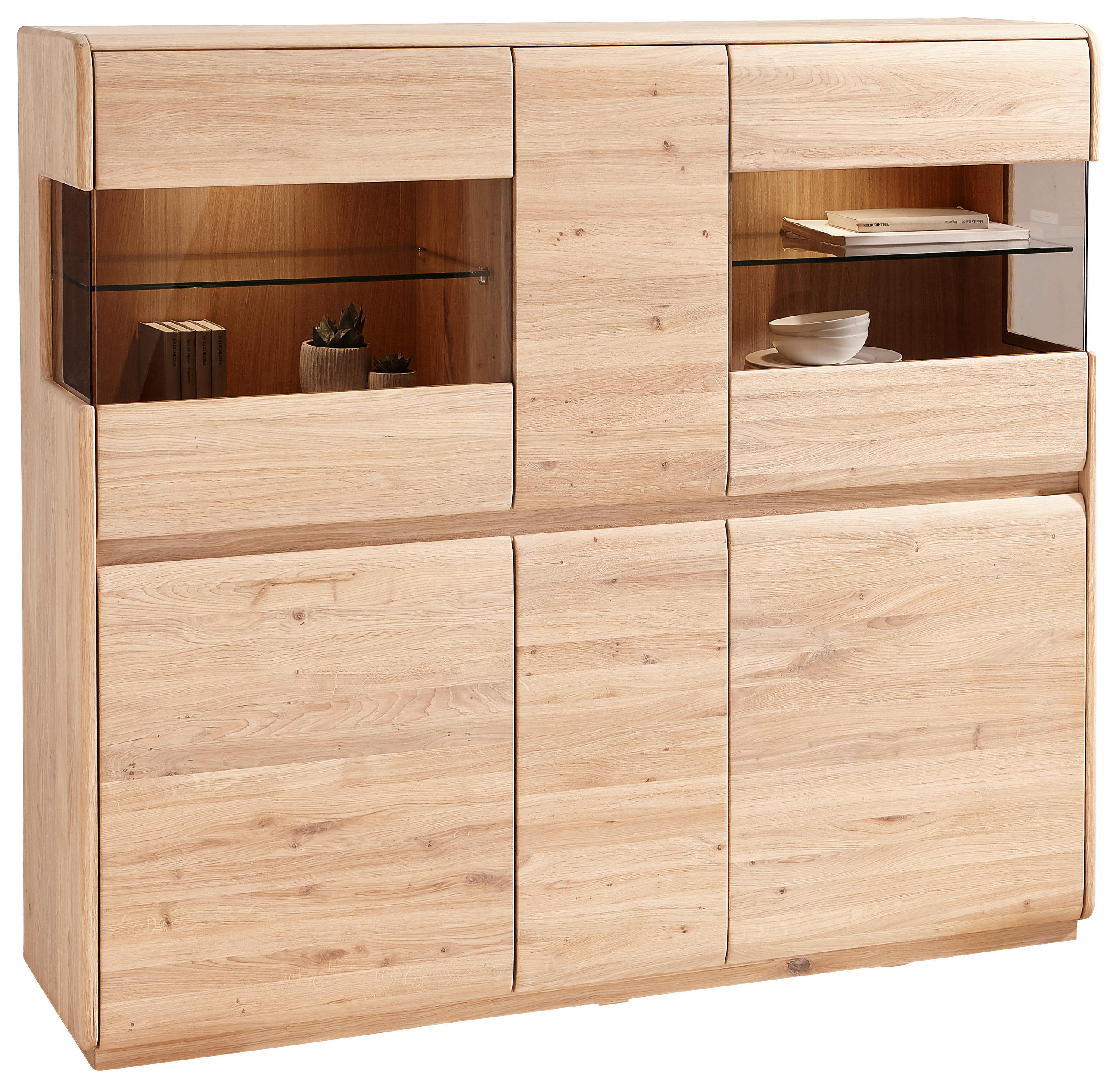 HIGHBOARD Asteiche massiv Eichefarben - Eichefarben, Natur, Glas/Holz (153/138/41cm) - Linea Natura