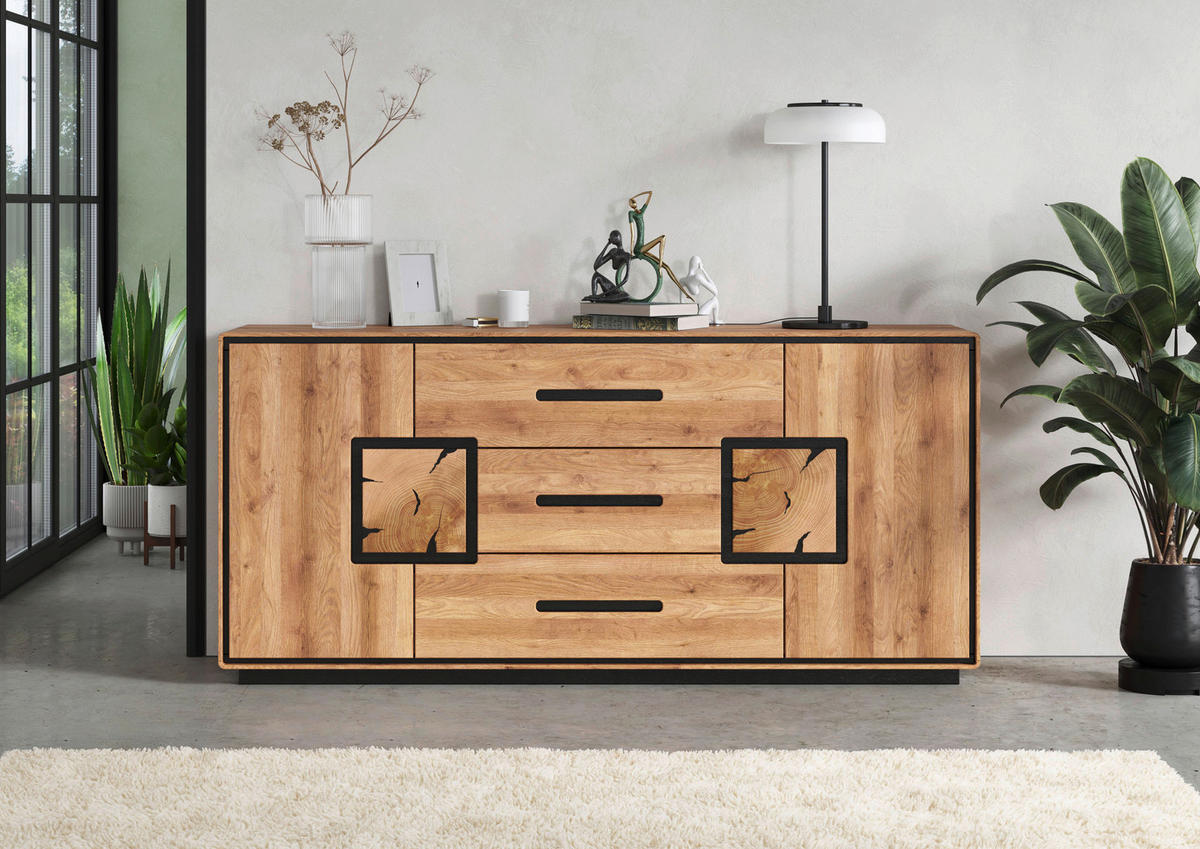 SIDEBOARD  166/77/40 cm 3 Schublade(n)  - Wildeiche/Schwarz, Basics, Holz (166/77/40cm) - Livetastic
