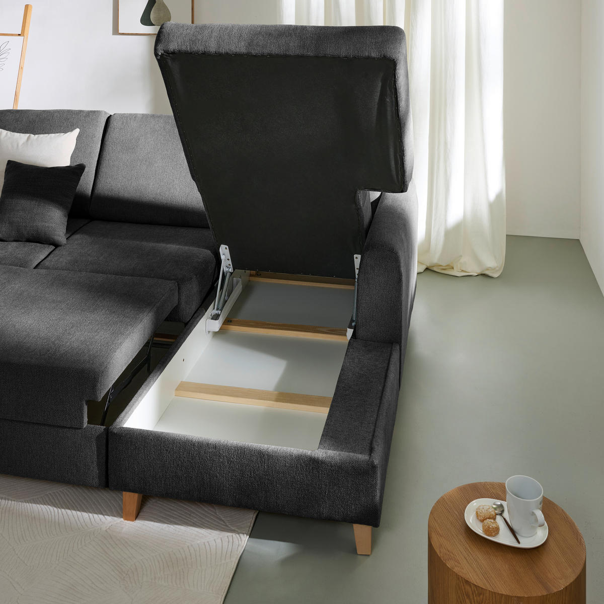 ECKSOFA Anthrazit Flachgewebe  - Anthrazit/Buchefarben, KONVENTIONELL, Holz/Textil (241/166cm) - Carryhome