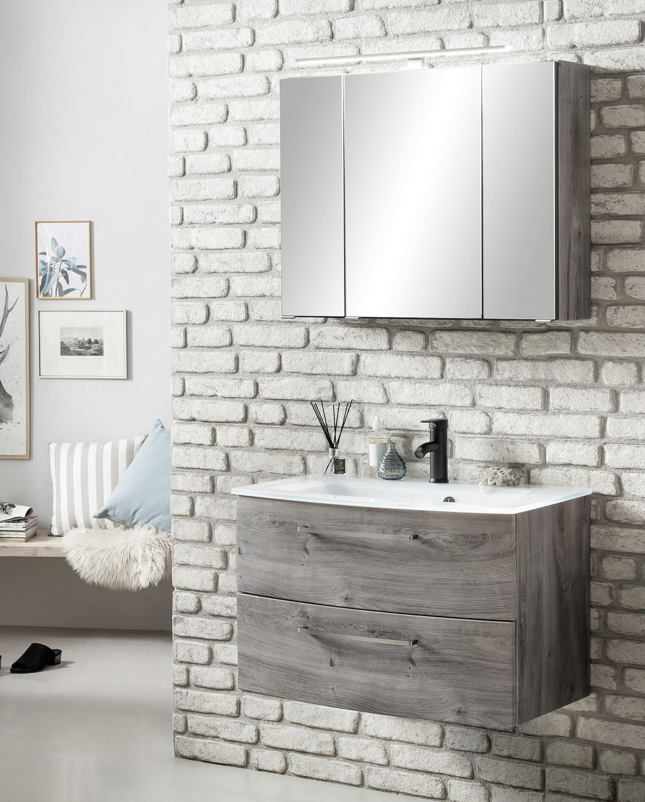 BADEZIMMER in 80 cm - Eichefarben/Weiß, KONVENTIONELL, Glas/Holzwerkstoff (80cm) - Held