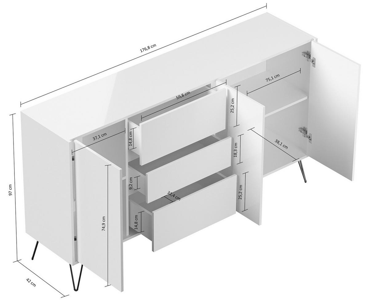 SIDEBOARD Posseik Industrial 177/93,6/42 cm 3 Schublade(n)  - Eichefarben/Graphitfarben, Design, Holzwerkstoff/Metall (177/93,6/42cm) - P & B