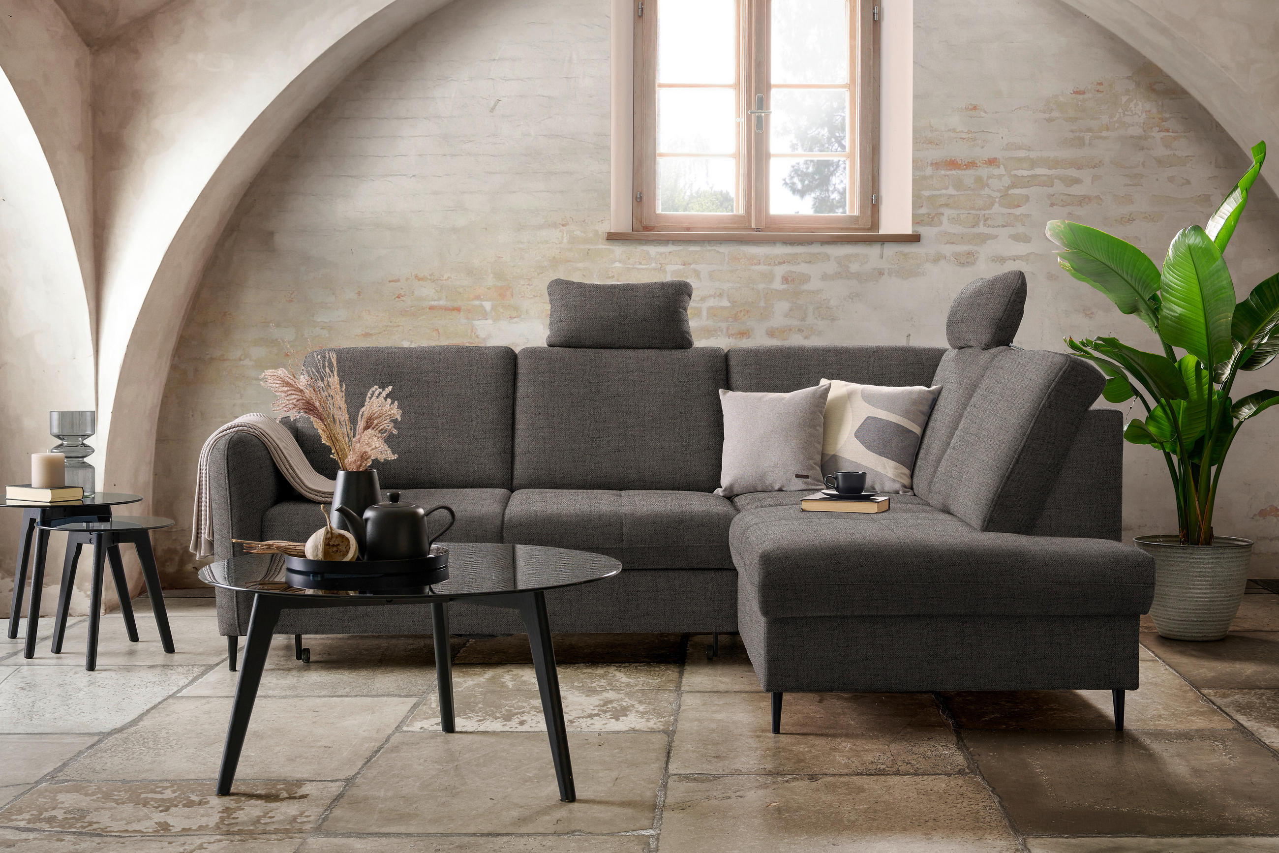 ECKSOFA in Chenille Graubraun  - Graubraun/Schwarz, MODERN, Holz/Textil (241/184cm) - Carryhome
