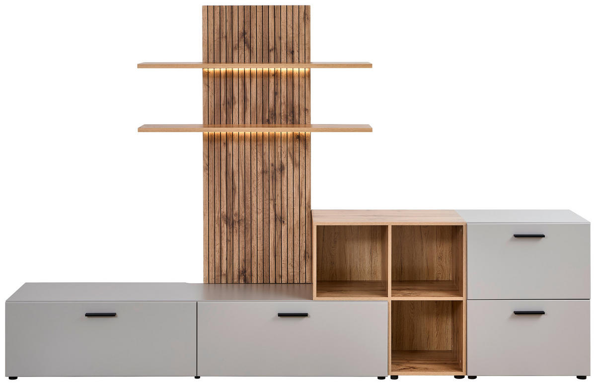 OBÝVACÍ STĚNA, barvy dubu, šedobéžová - černá/barvy dubu, Moderní, kompozitní dřevo/plast (296/190/40cm) - Carryhome
