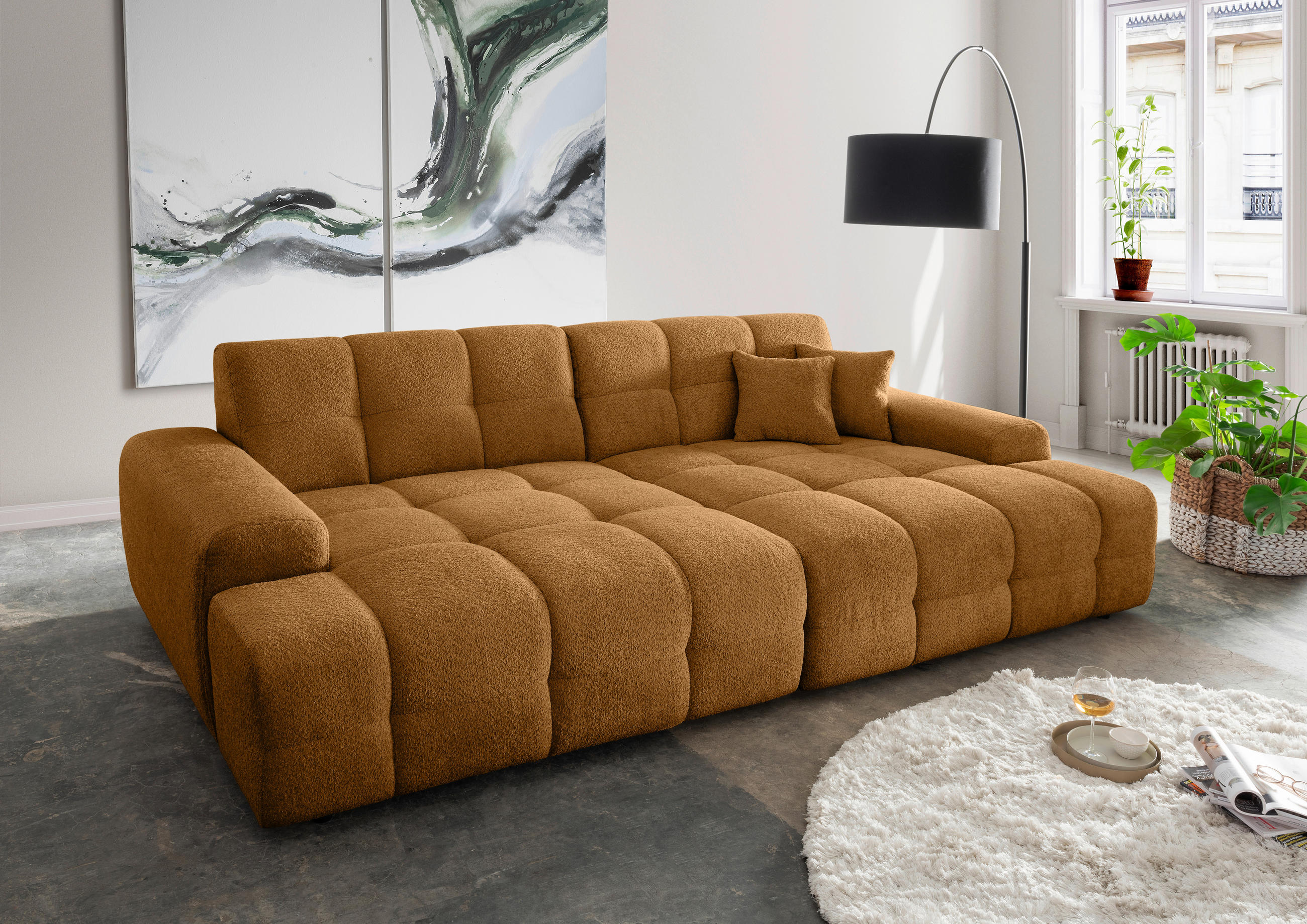 BIGSOFA in Bouclé Goldfarben  - Goldfarben/Schwarz, MODERN, Kunststoff/Textil (304/87/155cm) - Livetastic