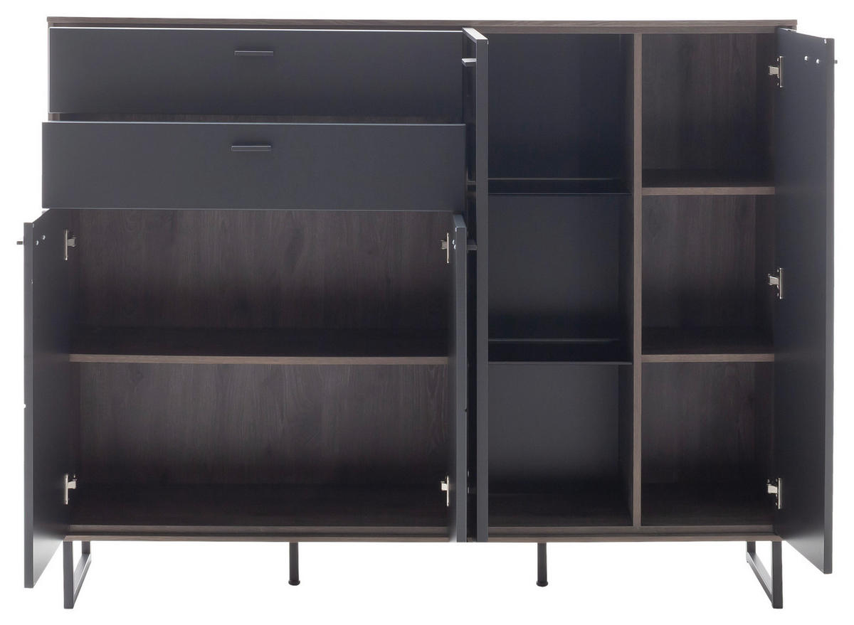 HIGHBOARD Schwarz, Eichefarben  148/118/37 cm  - Eichefarben/Anthrazit, Design, Glas/Holz (148/118/37cm) - Novel