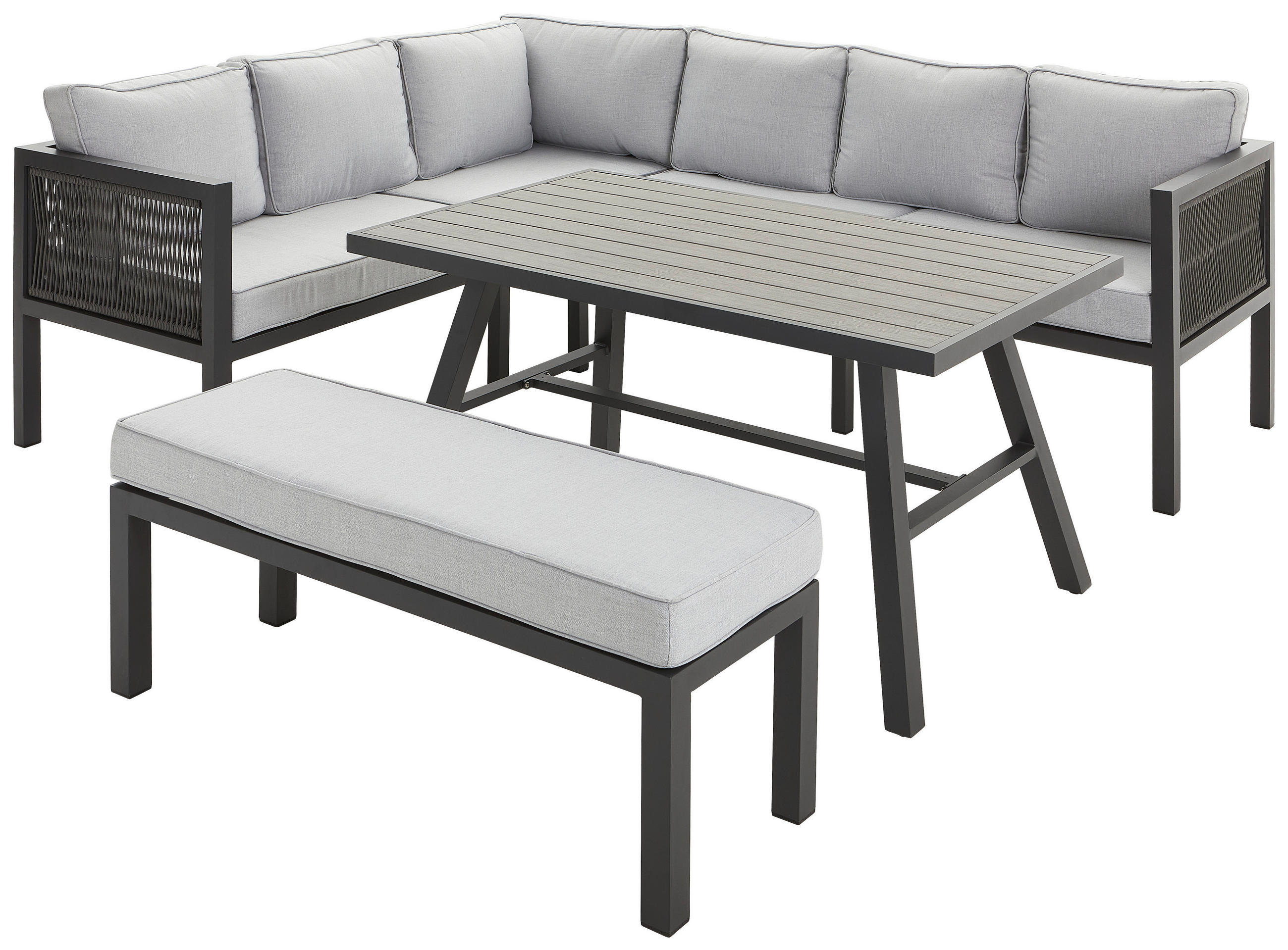 Thumbnail - Ambia Garden Dining-Loungeset, Hellgrau, Dunkelgrau, Metall, Kunststoff, Textil, 16-teilig, Füllung: Schaumstoff,Faserbä...
